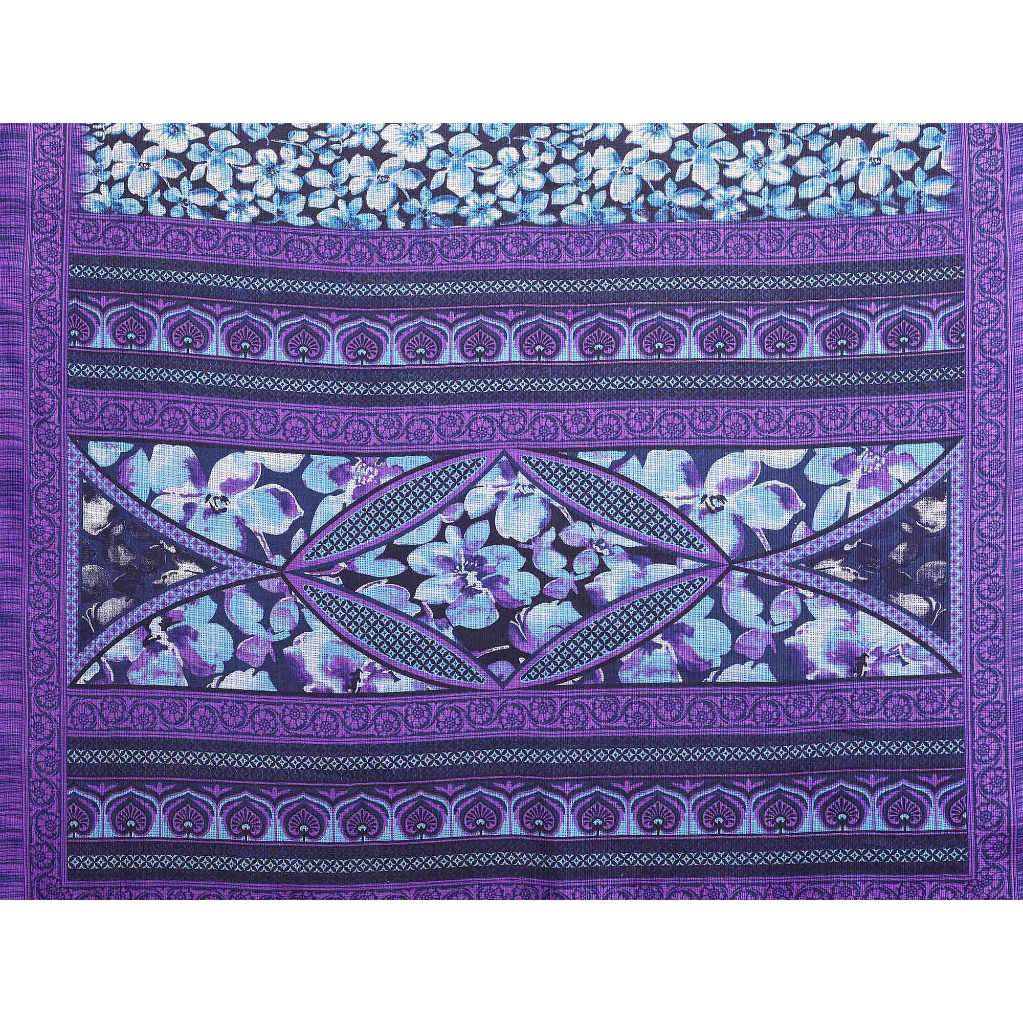 Purple Kota Doria Saree with Graceful Floral Print Work