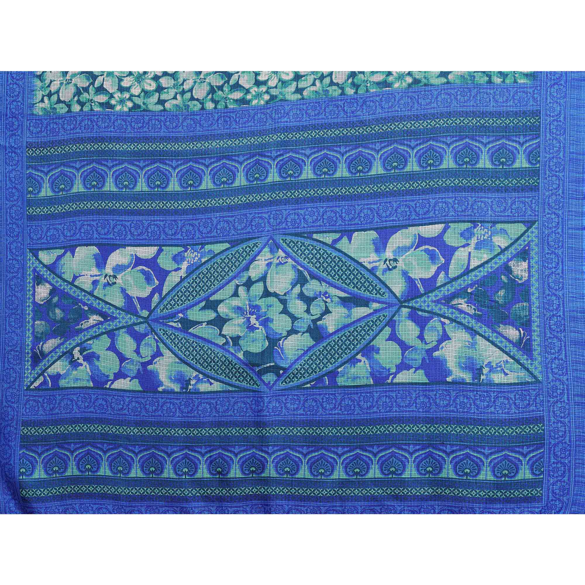 Royal Blue Kota Doria Saree with Graceful Floral Print Work