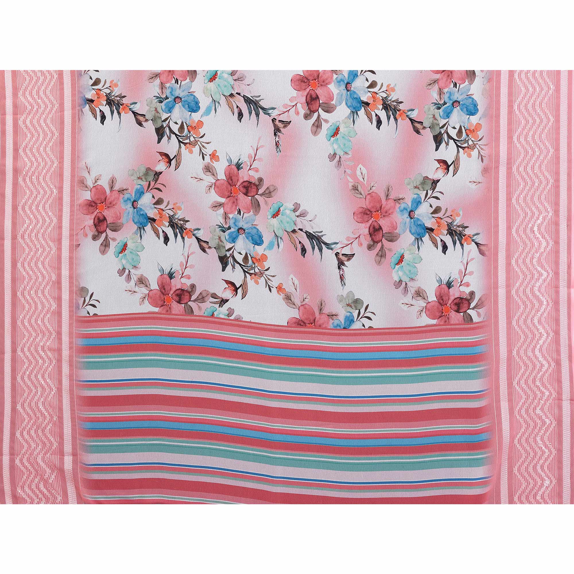 Peach Floral Printed Georgette Saree with Delicate Embroidery Work