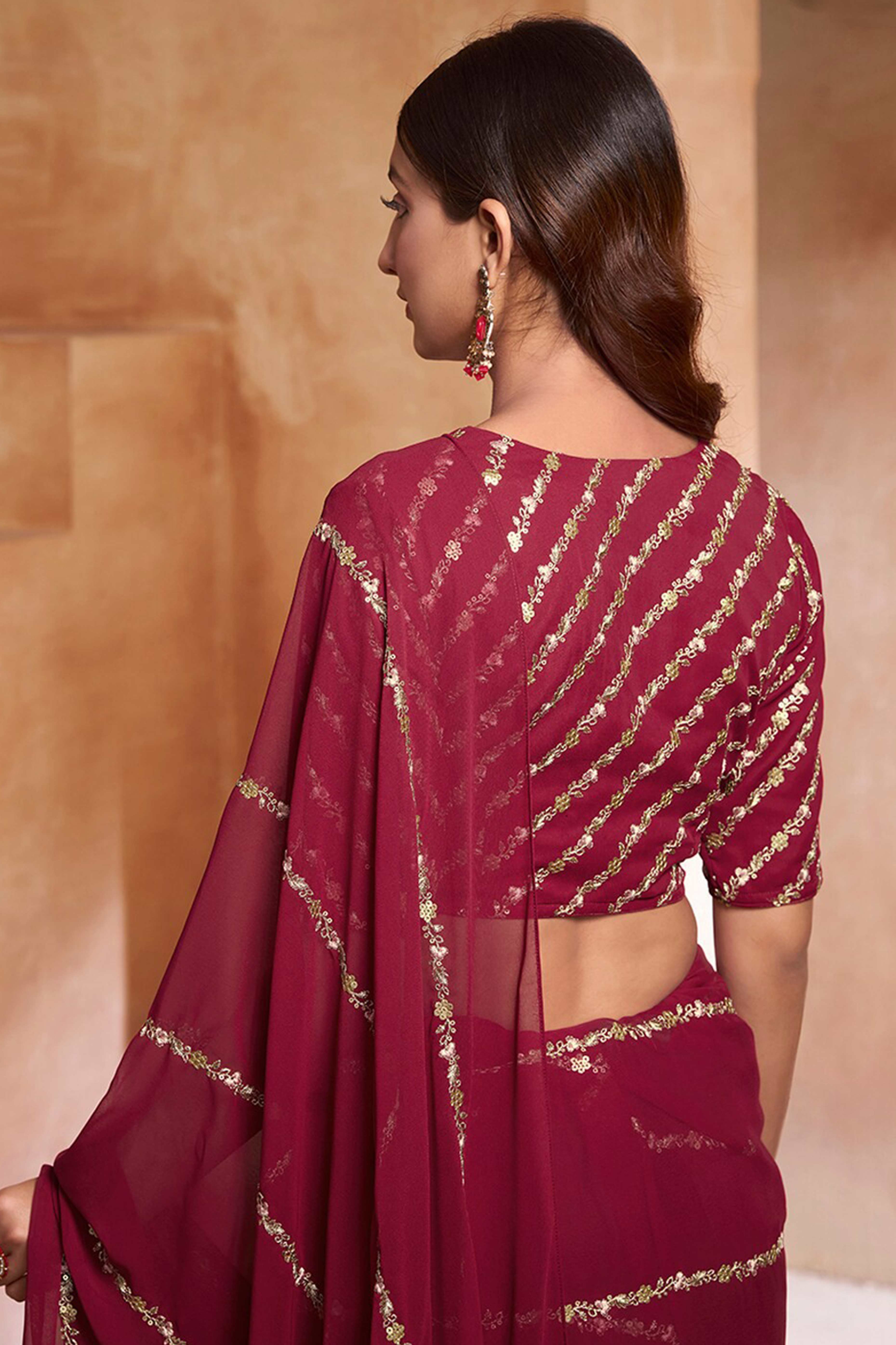 Radiant Maroon  Floral Georgette Saree Embellished With Fine Sequins Embroidery