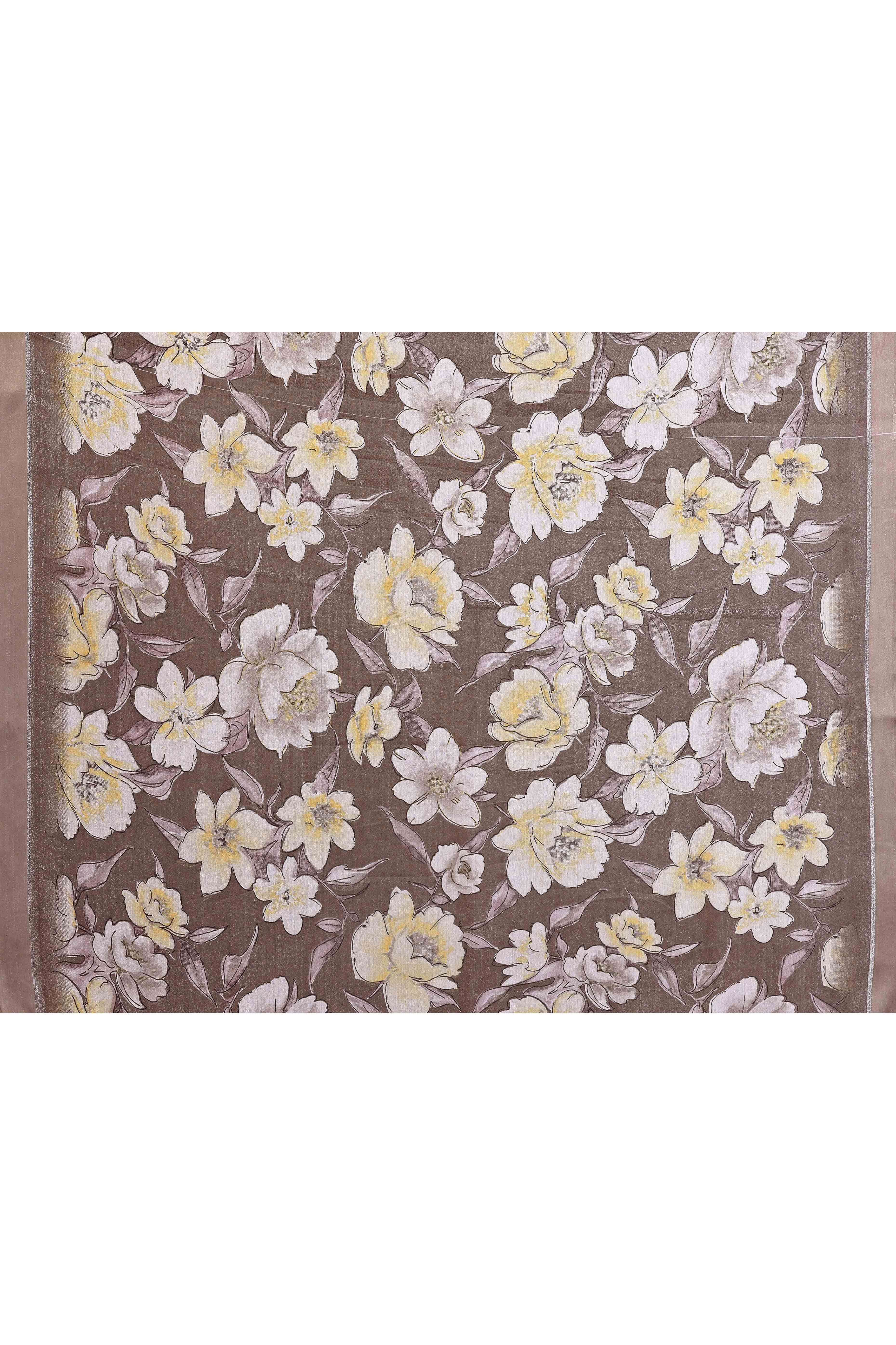 Brown Crepe Saree Accentuated With Satin Patta & Floral Print Detailing