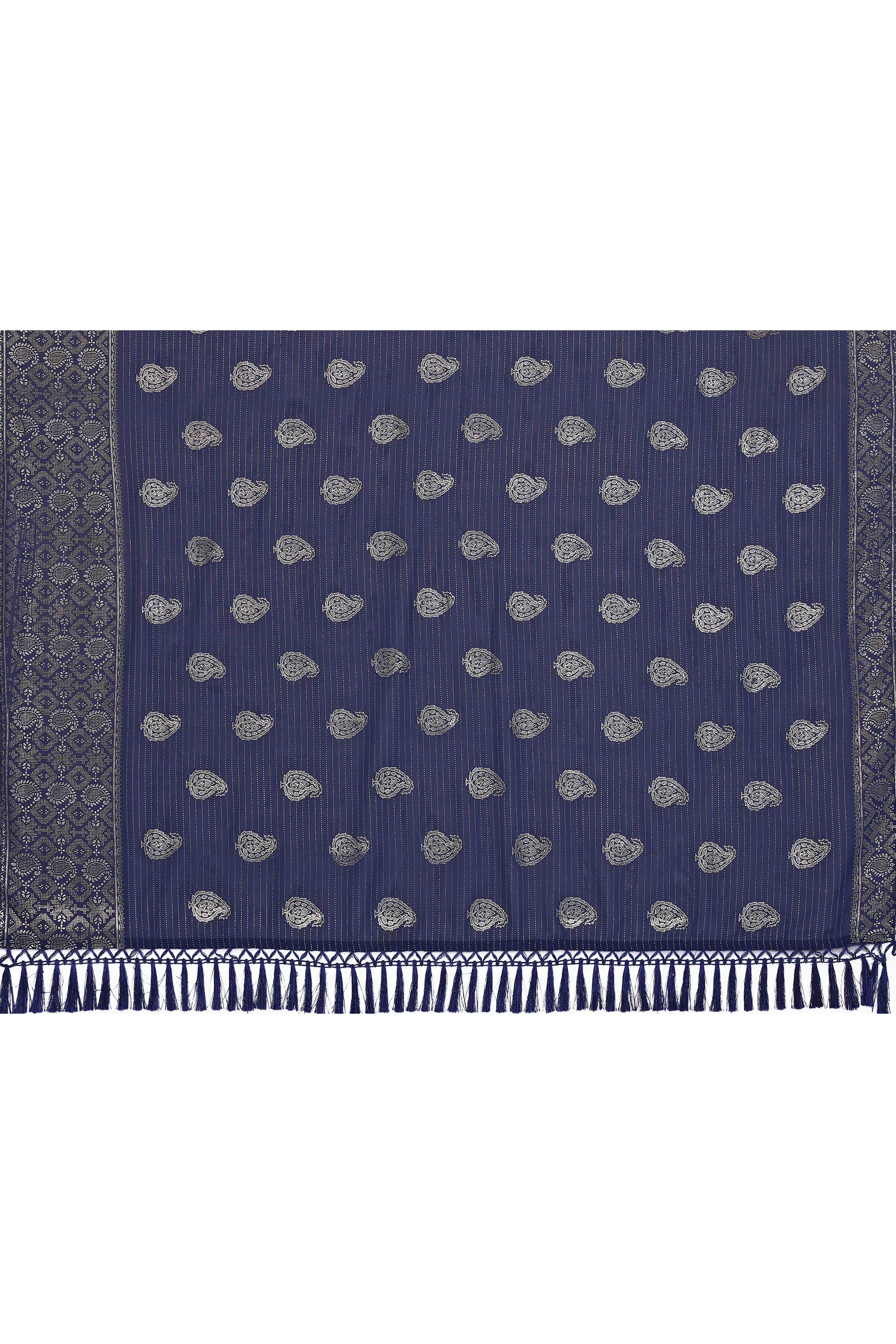 Blue Foil Printed Georgette Saree Enhanced With Delicate Lace Border & Elegant Tassel