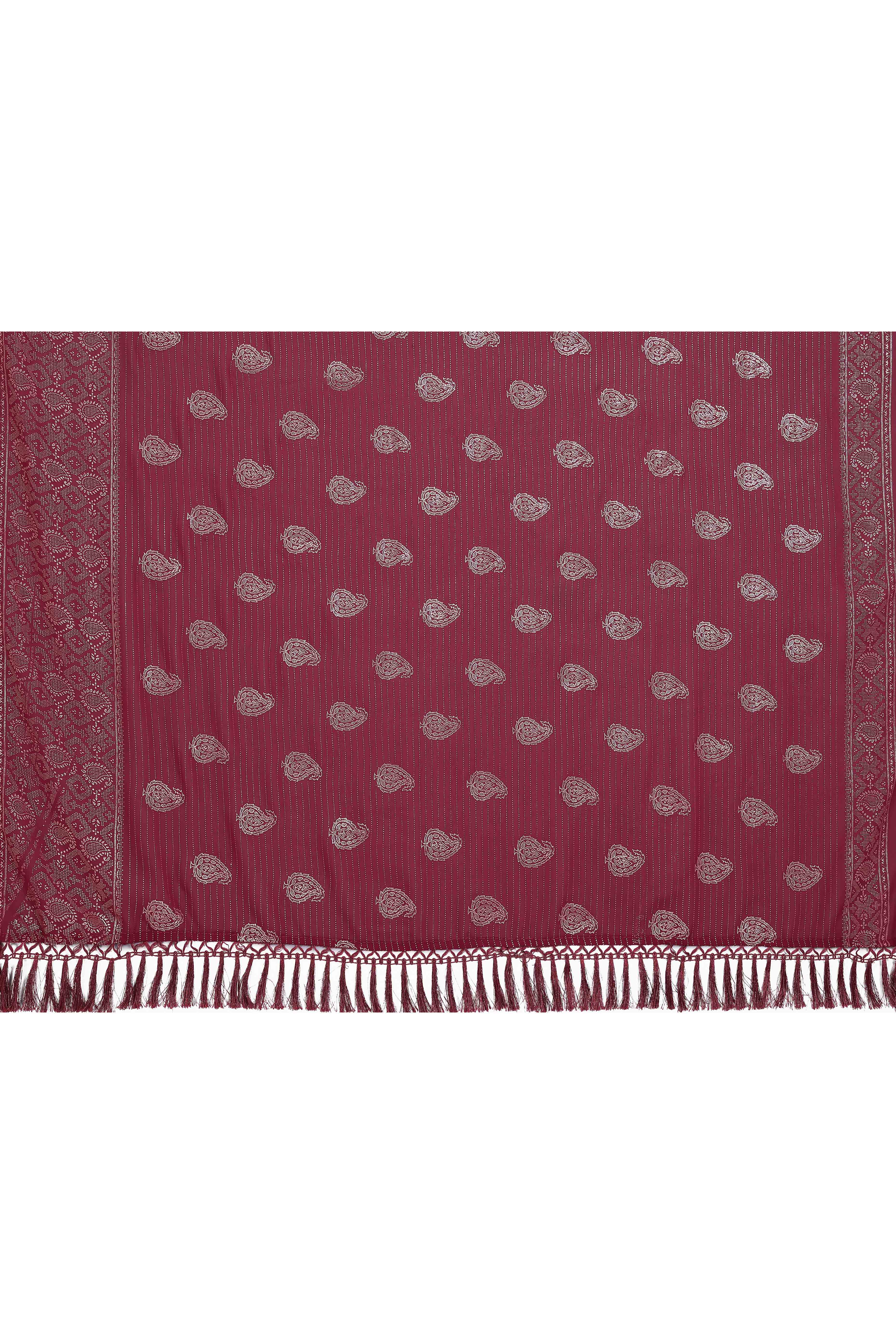 Maroon Foil Printed Georgette Saree Enhanced With Delicate Lace Border & Elegant Tassel