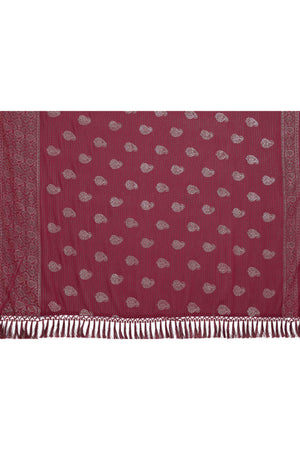 Maroon Foil Printed Georgette Saree Enhanced With Delicate Lace Border & Elegant Tassel