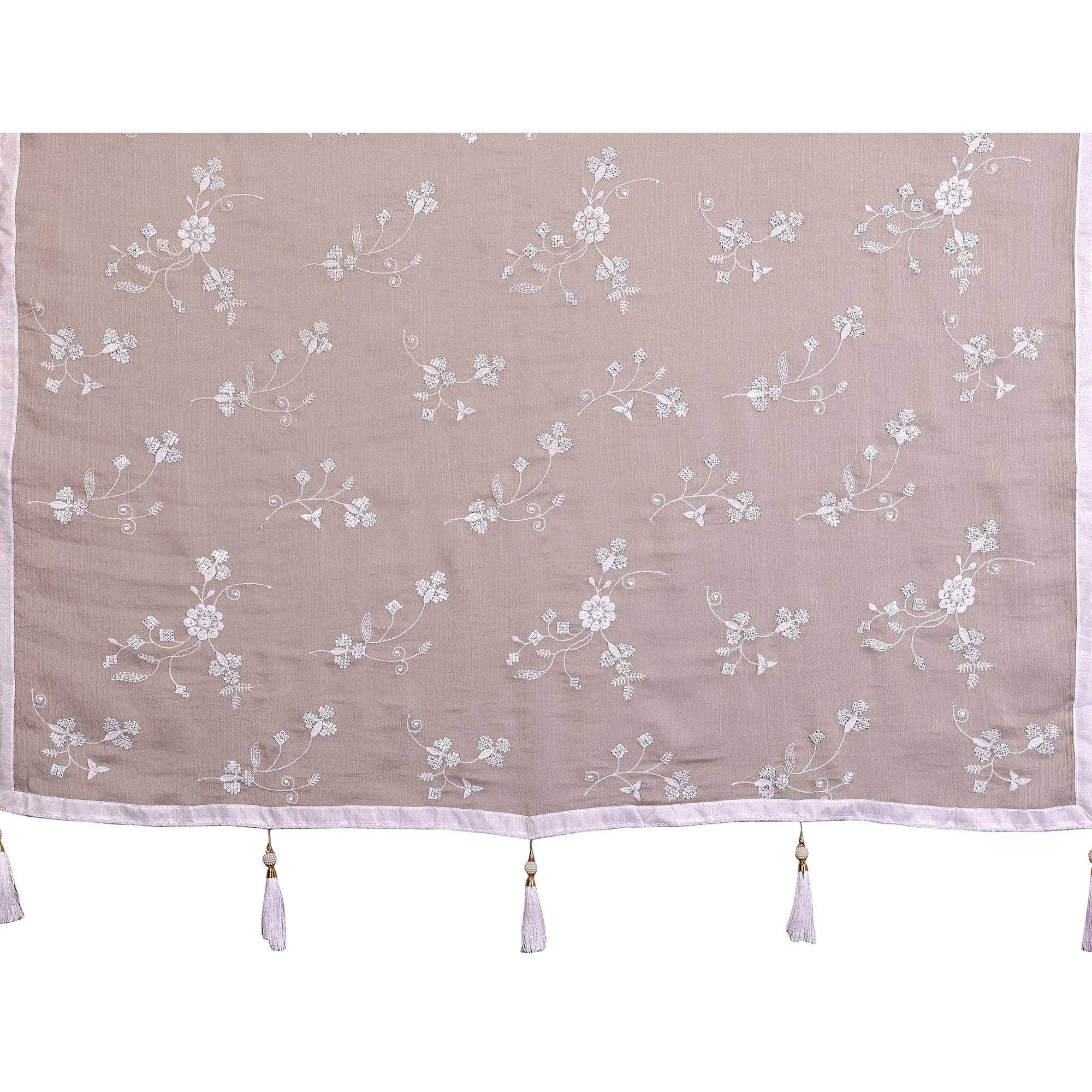 Beige Bloom Saree adorned with Moss Floral Embroidery and Delicate Lace Border