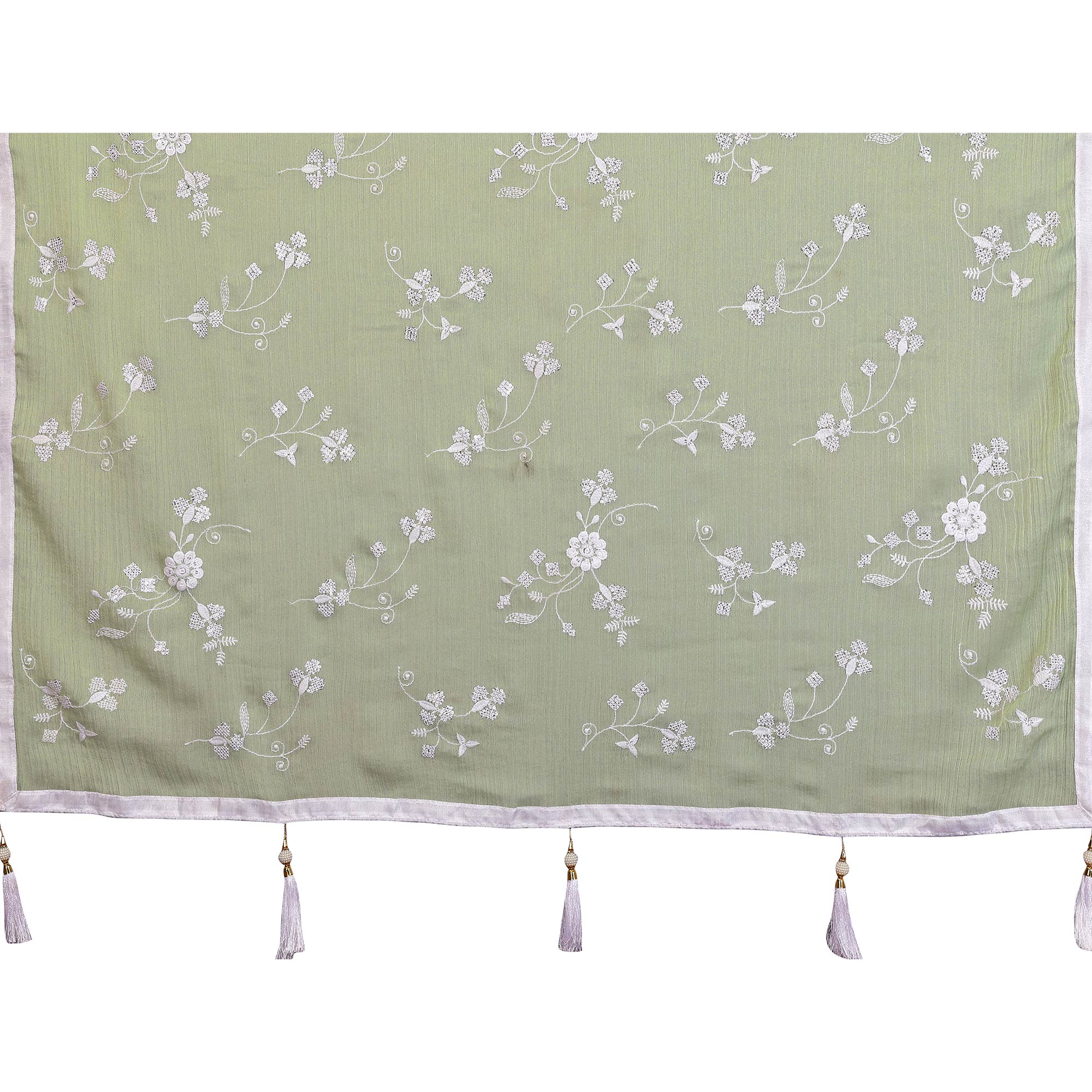Pista Green Bloom Saree adorned with Moss Floral Embroidery and Delicate Lace Border