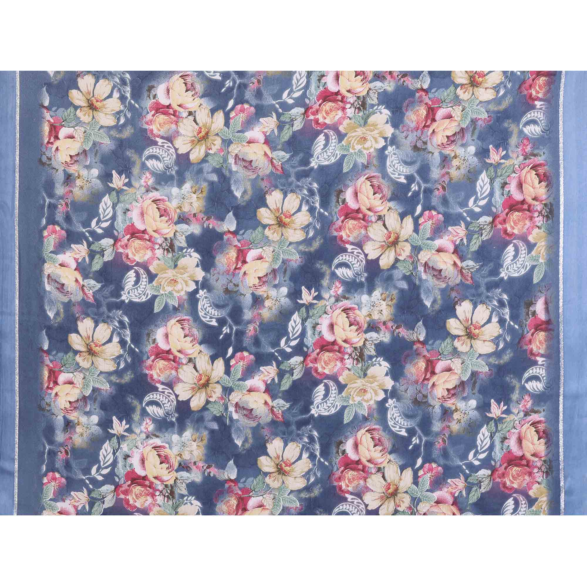 Bluish Grey Floral Printed Crepe Saree Enhanced With A Lustrous Satin Patta Border