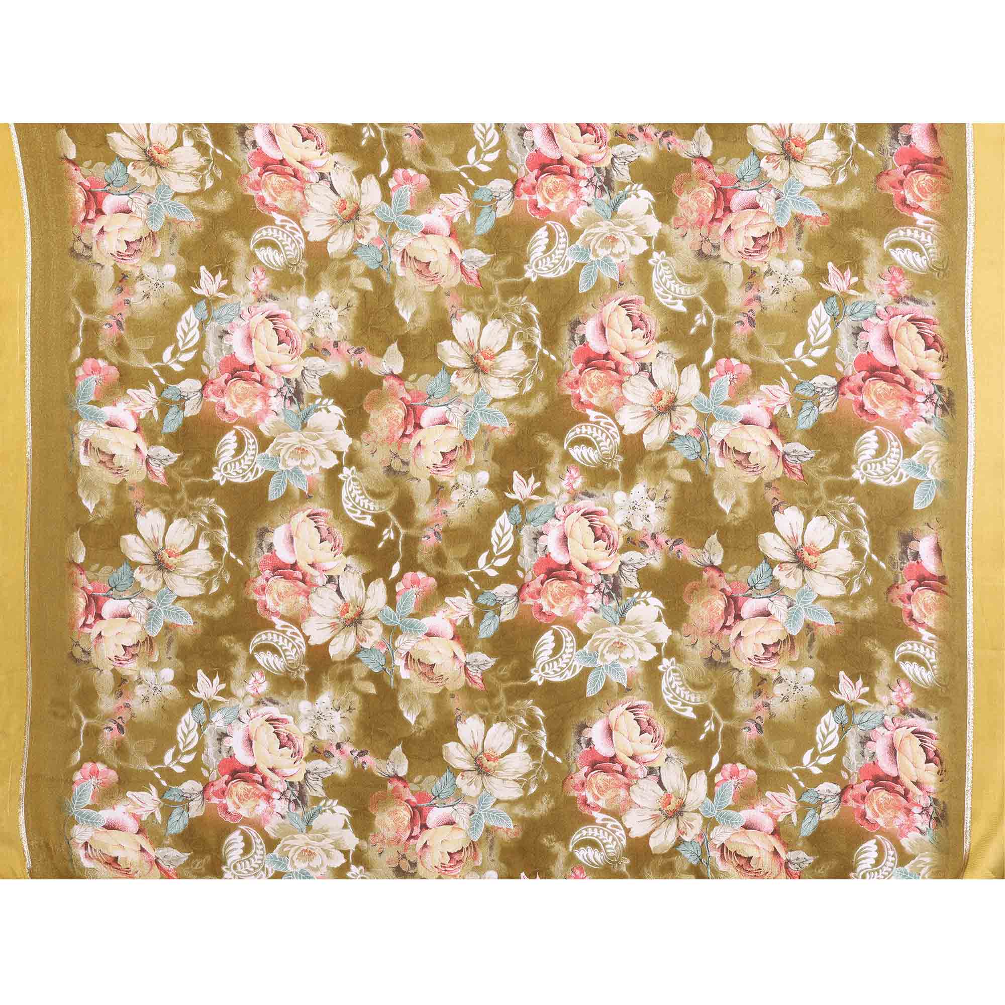 Dark Mustard Floral Printed Crepe Saree Enhanced With A Lustrous Satin Patta Border