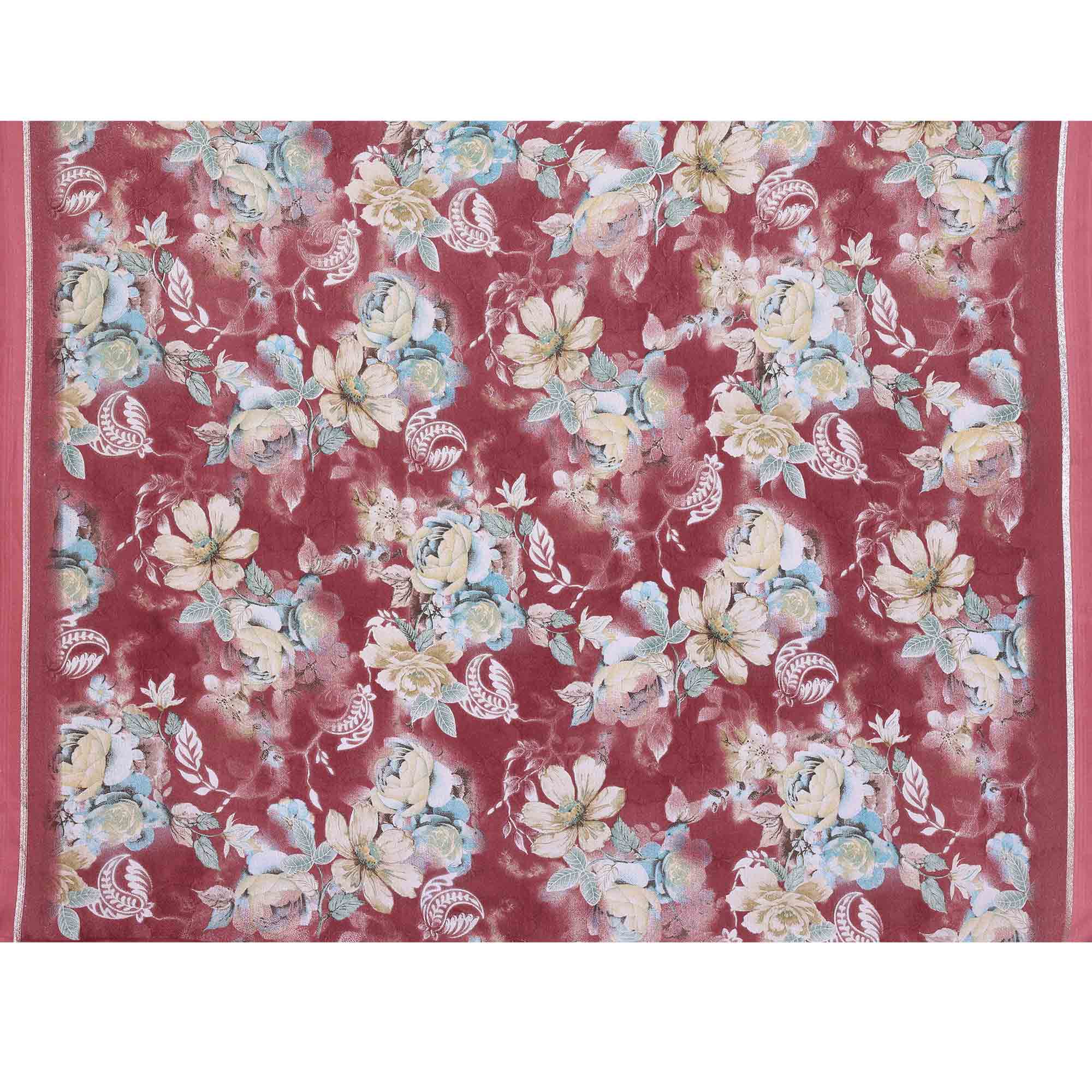 Maroon Floral Printed Crepe Saree Enhanced With A Lustrous Satin Patta Border