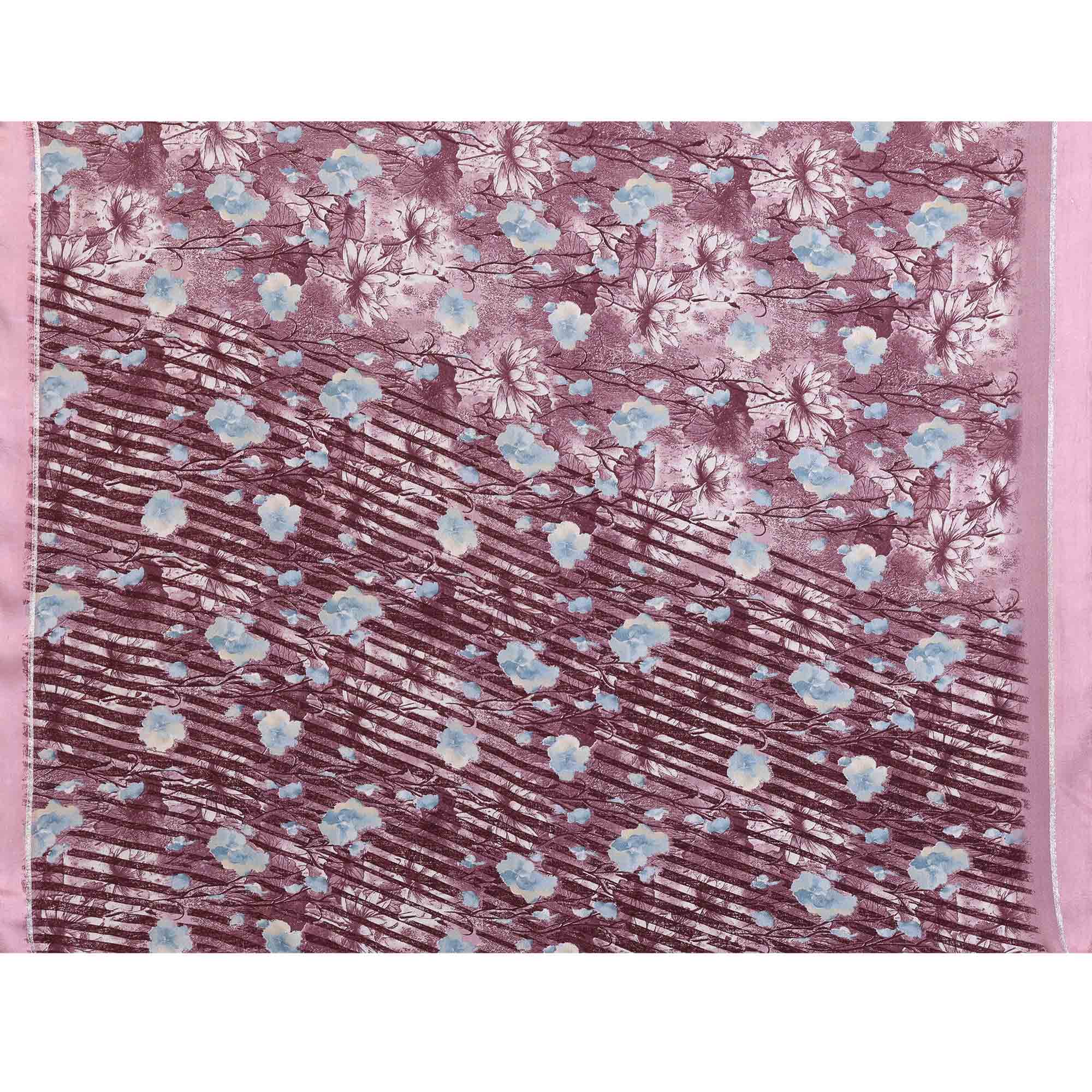 Mauve Floral Printed Blue Crepe Saree Styled With A Smooth Satin Patta Border