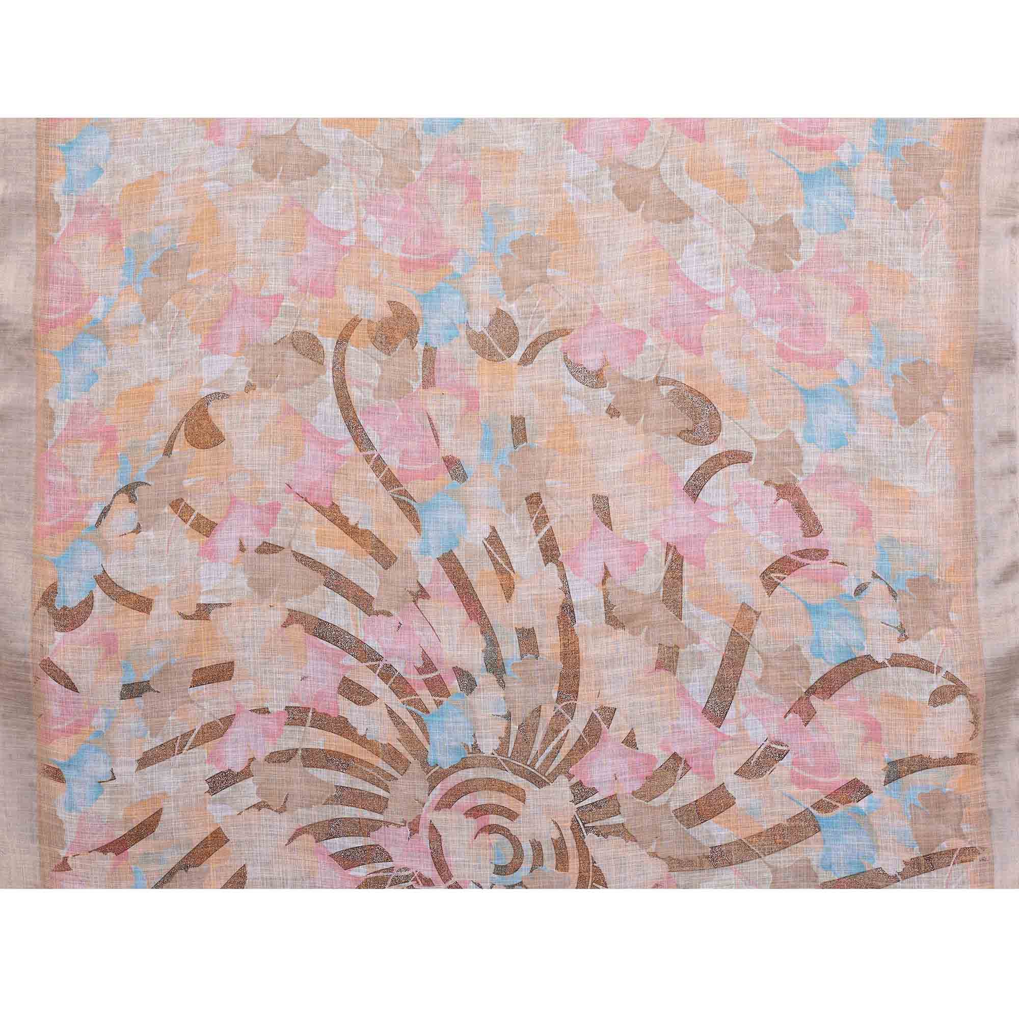 Orange Floral Printed Linen Saree Accented With A Classic Patta Border