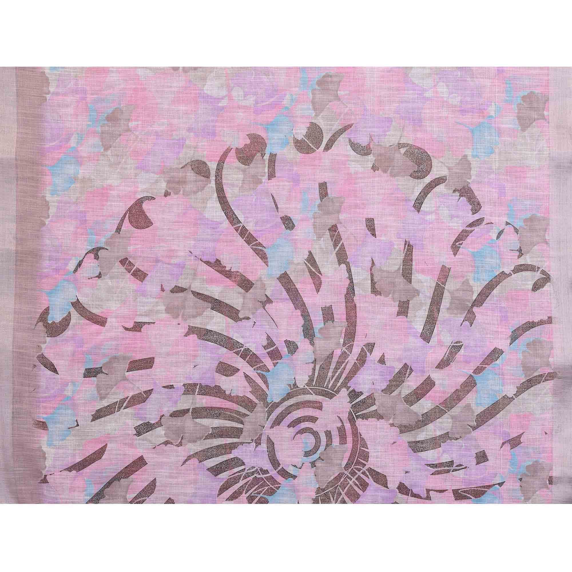 Pink Floral Printed Linen Saree Accented With A Classic Patta Border