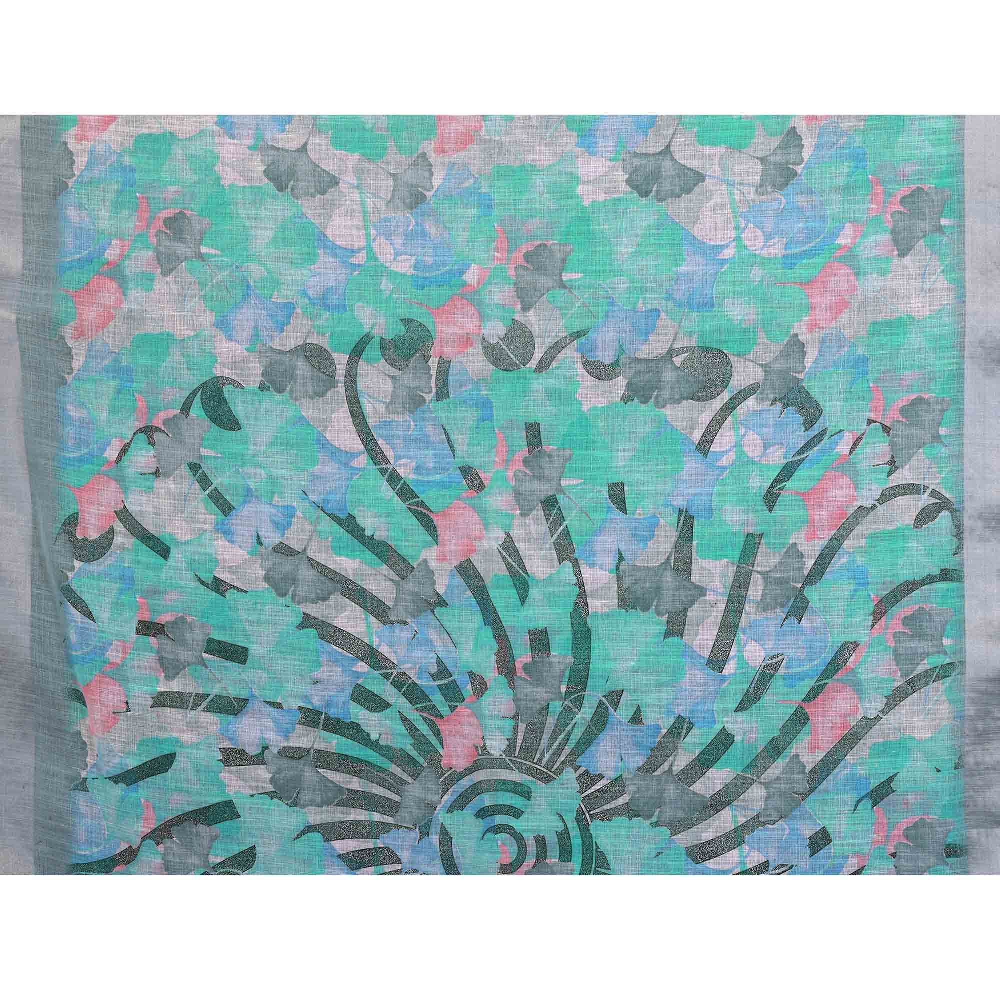 Turquoise Floral Printed Linen Saree Accented With A Classic Patta Border