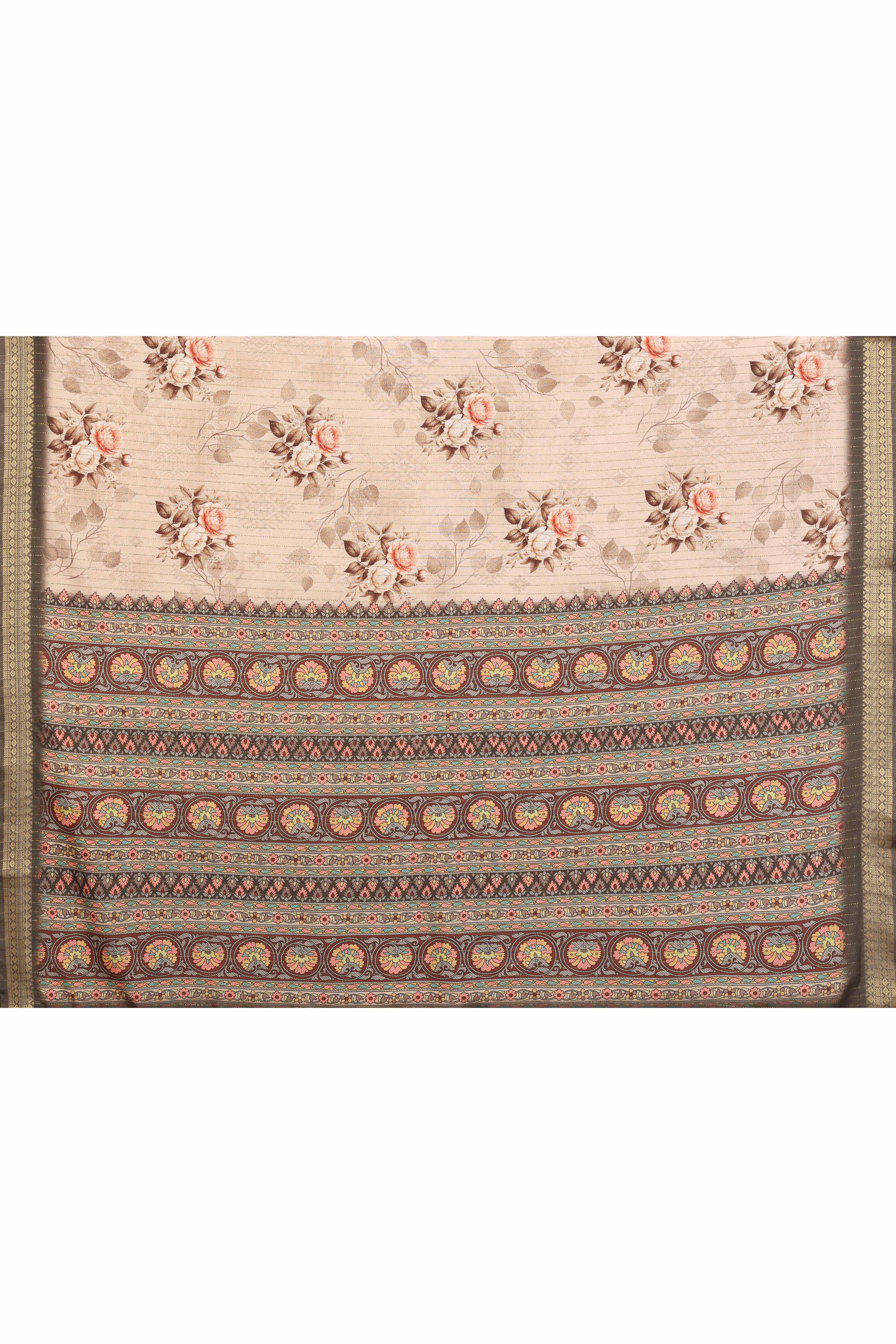 Beige Zari Woven Saree with Floral Motifs in Cotton Blend Fabric