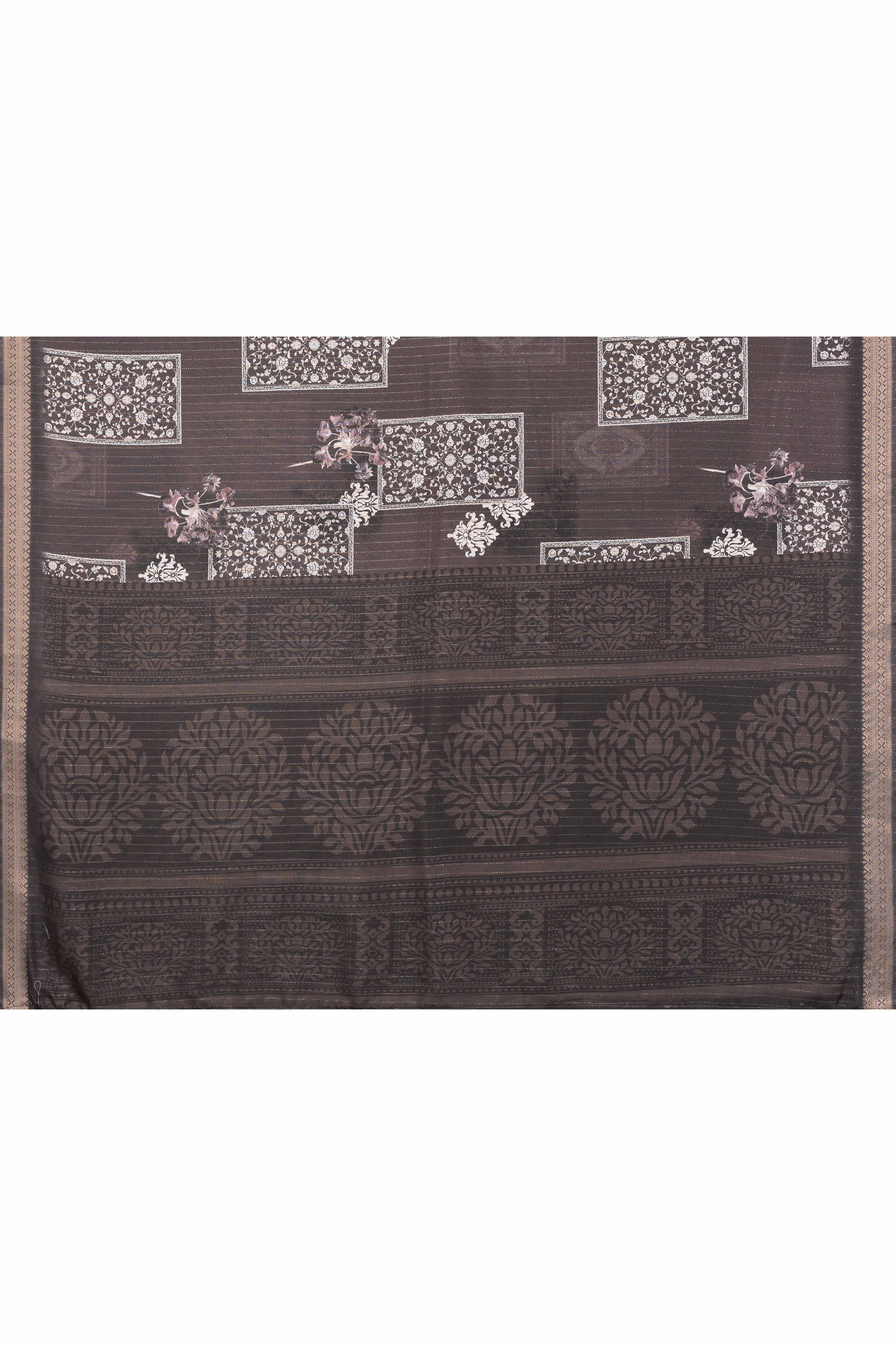 Charcoal Grey Zari Woven Saree with Floral Motifs in Cotton Blend Fabric
