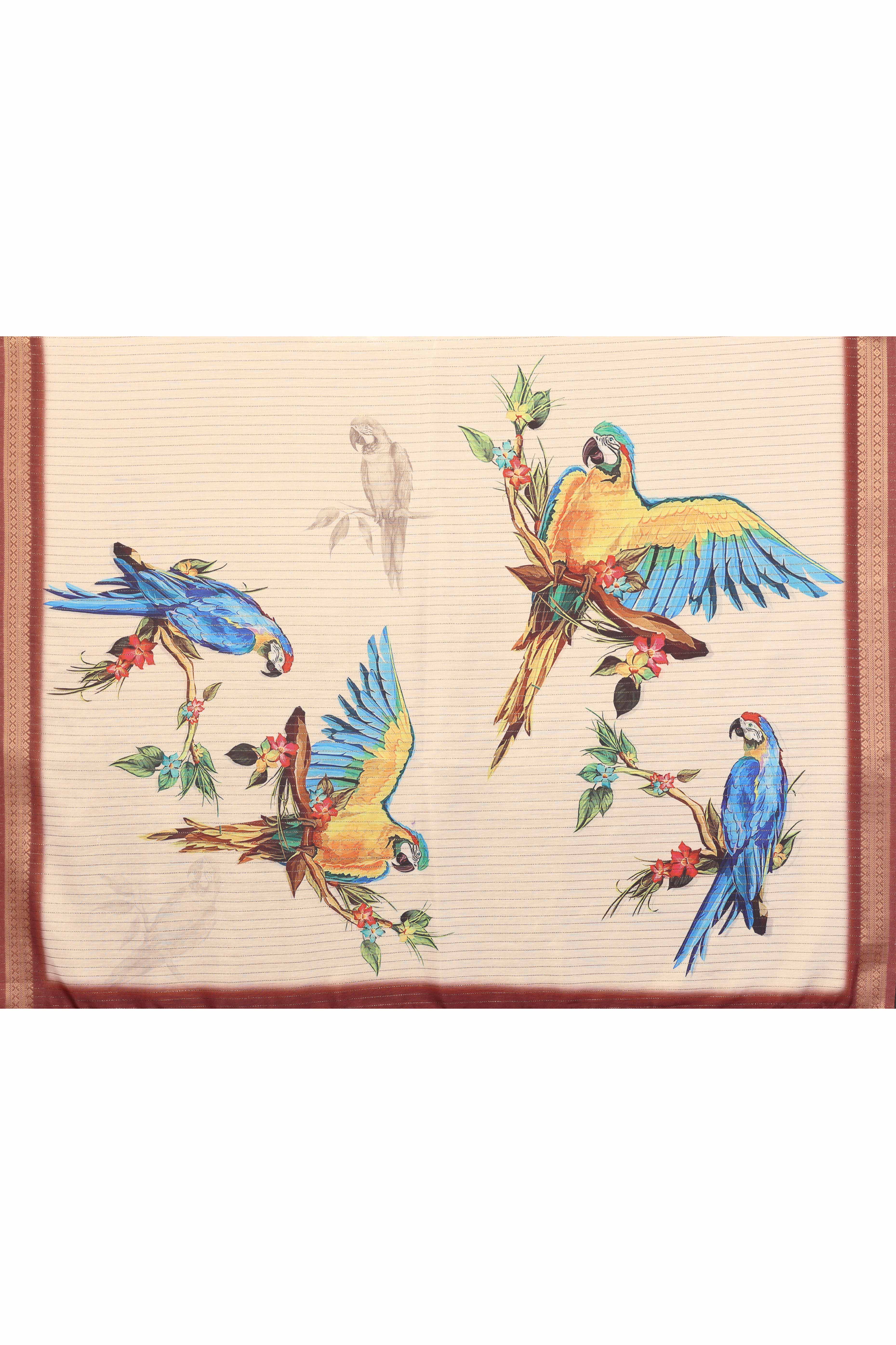 Cream Zari Woven Saree with Floral Motifs in Cotton Blend Fabric