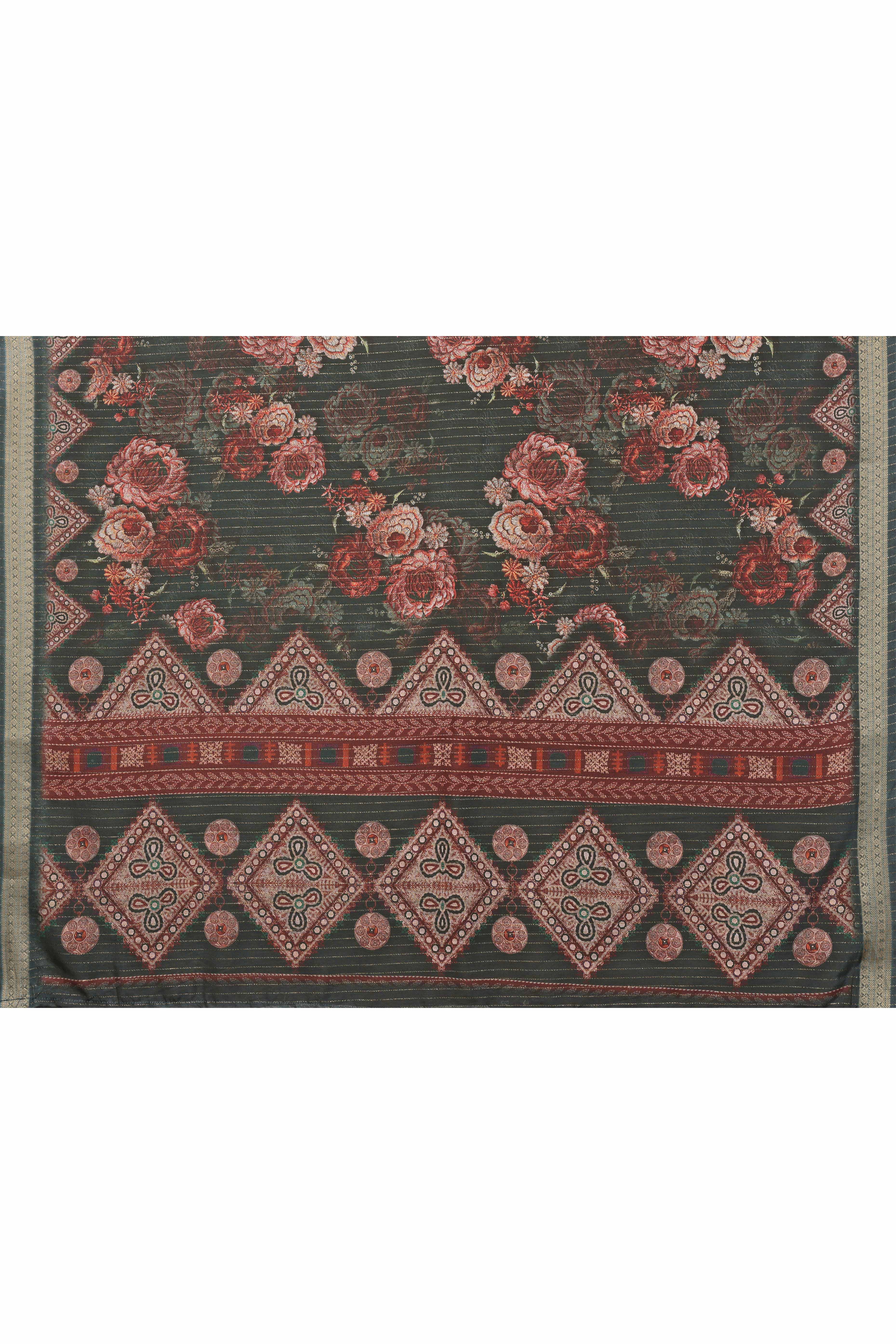 Green Zari Woven Saree with Floral Motifs in Cotton Blend Fabric