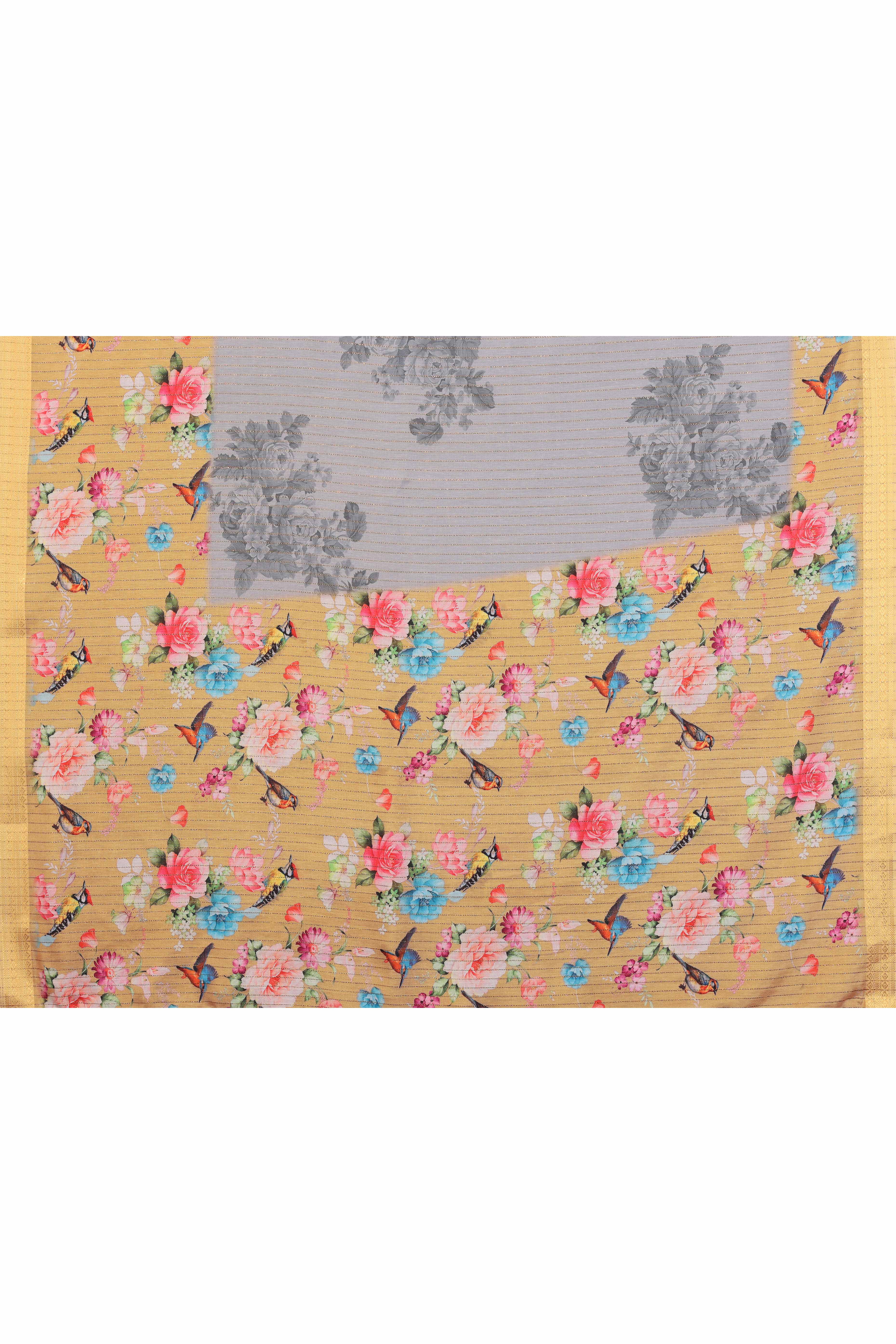 Grey Zari Woven Saree with Floral Motifs in Cotton Blend Fabric