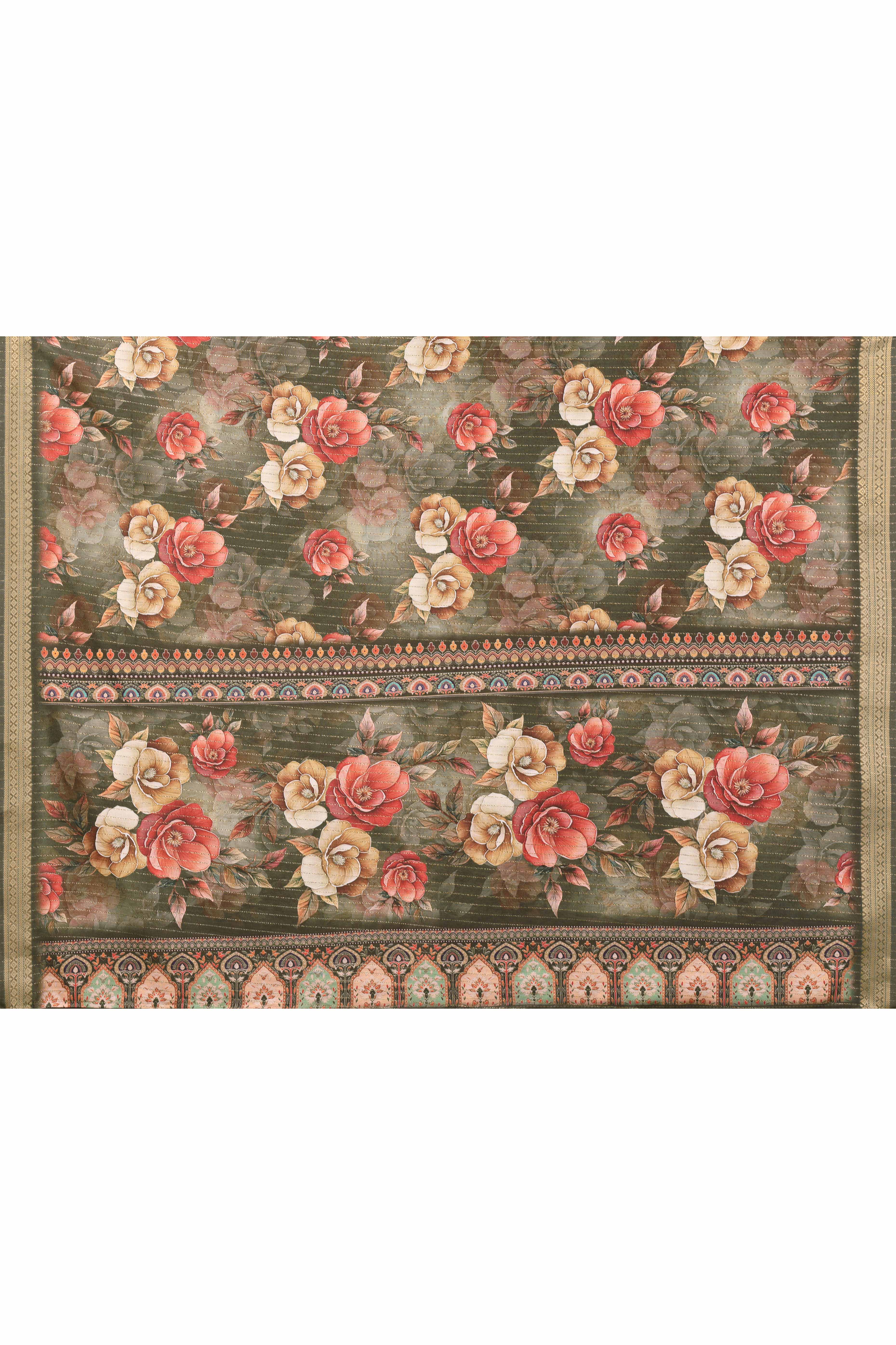 Mehendi Green Zari Woven Saree with Floral Motifs in Cotton Blend Fabric