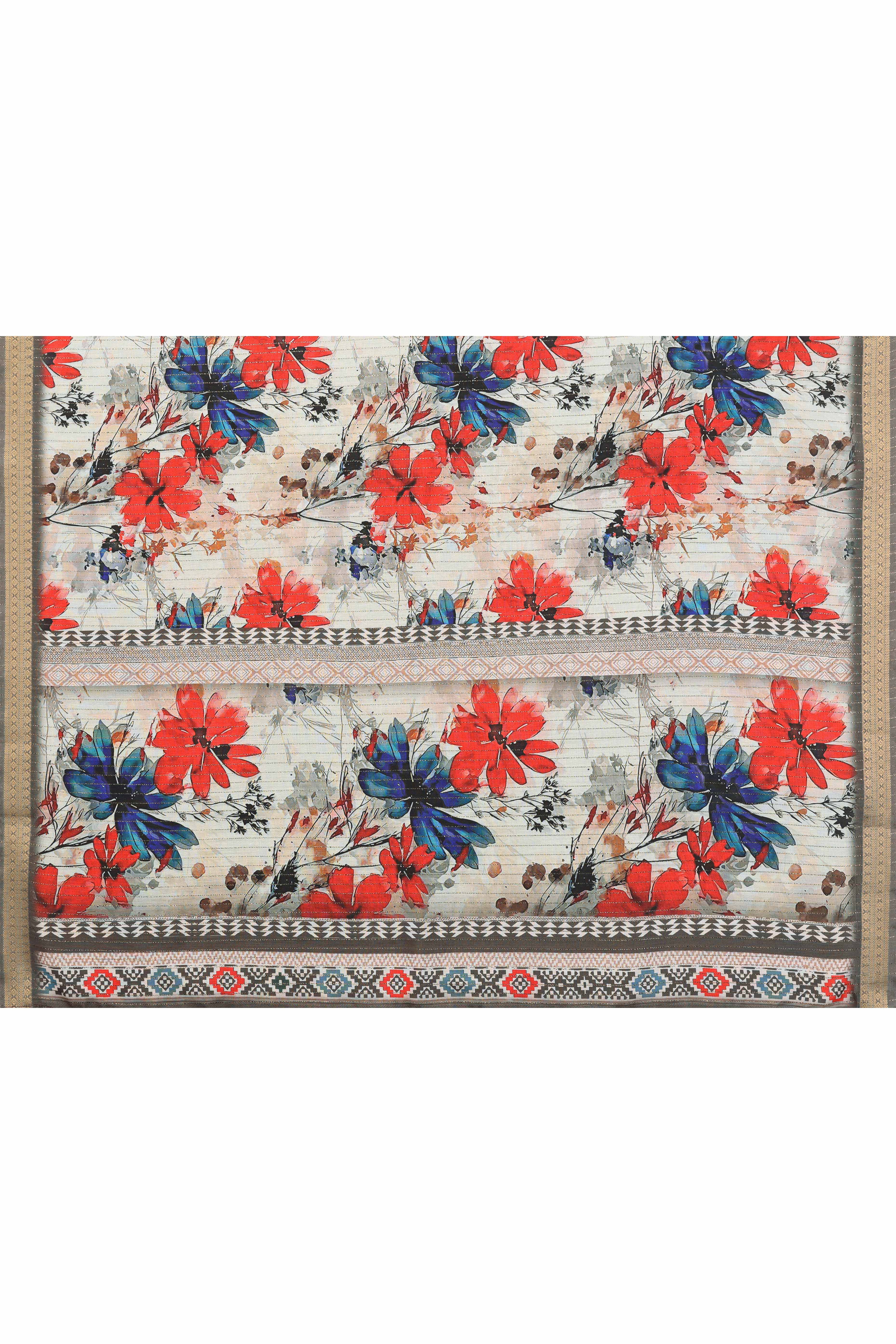 Off White Zari Woven Saree with Floral Motifs in Cotton Blend Fabric