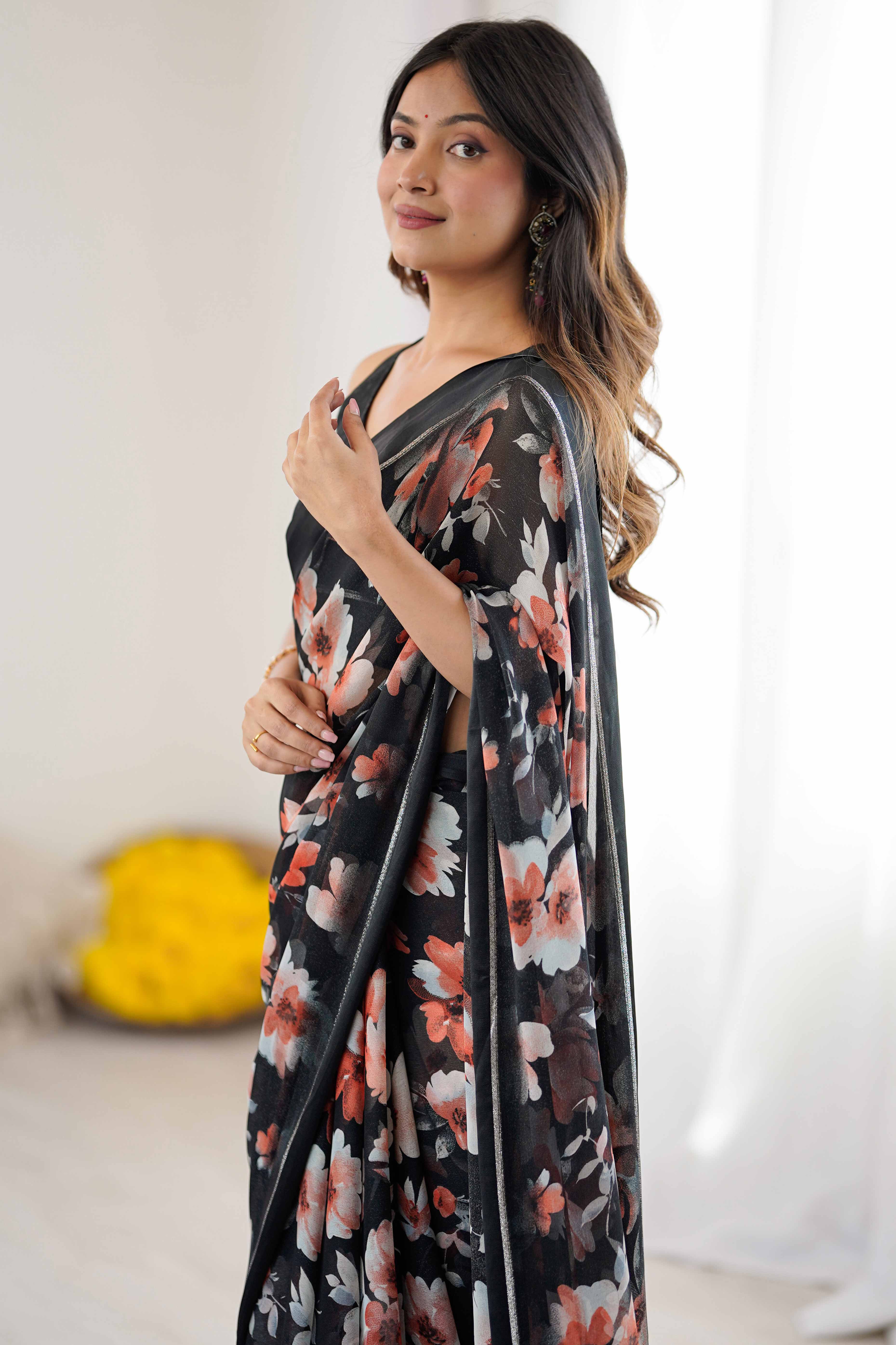 Black Floral Printed Moss Silk Blend Saree Adorned With Playful Tassel Pallu