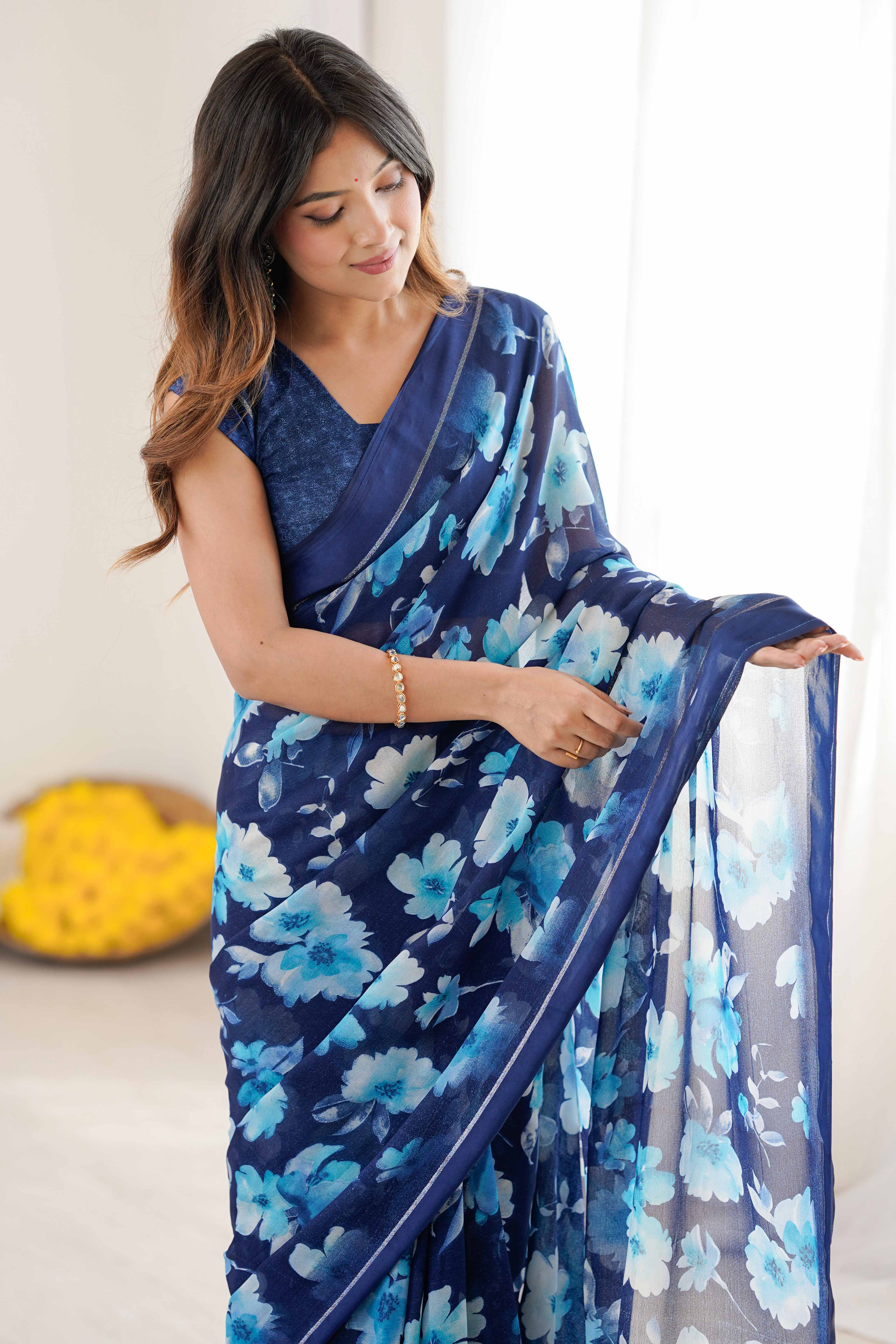 Dark Blue Floral Printed Moss Silk Blend Saree Adorned With Playful Tassel Pallu