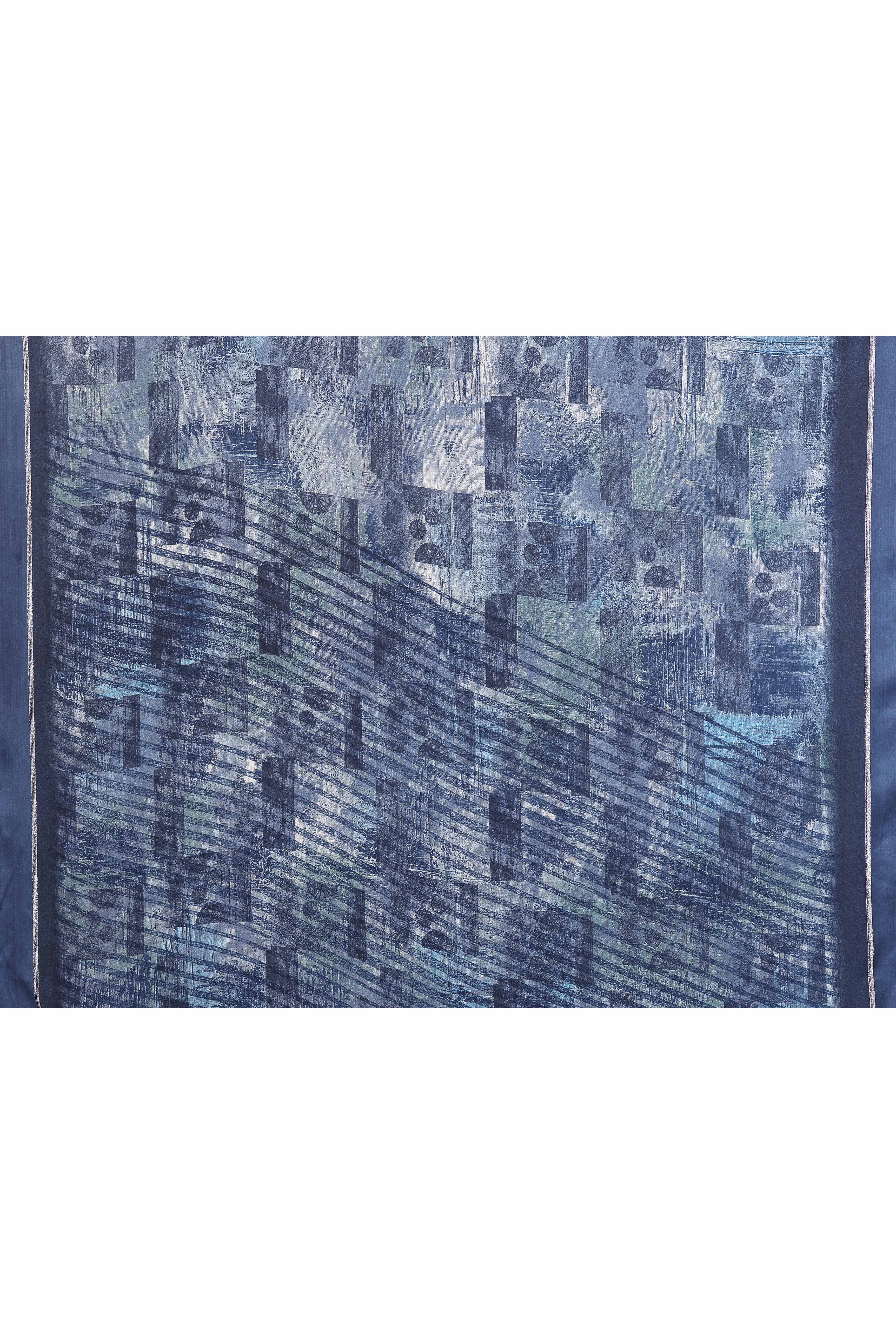 Trendy Blue Moss Crepe Saree with Floral Motifs and Satin Border