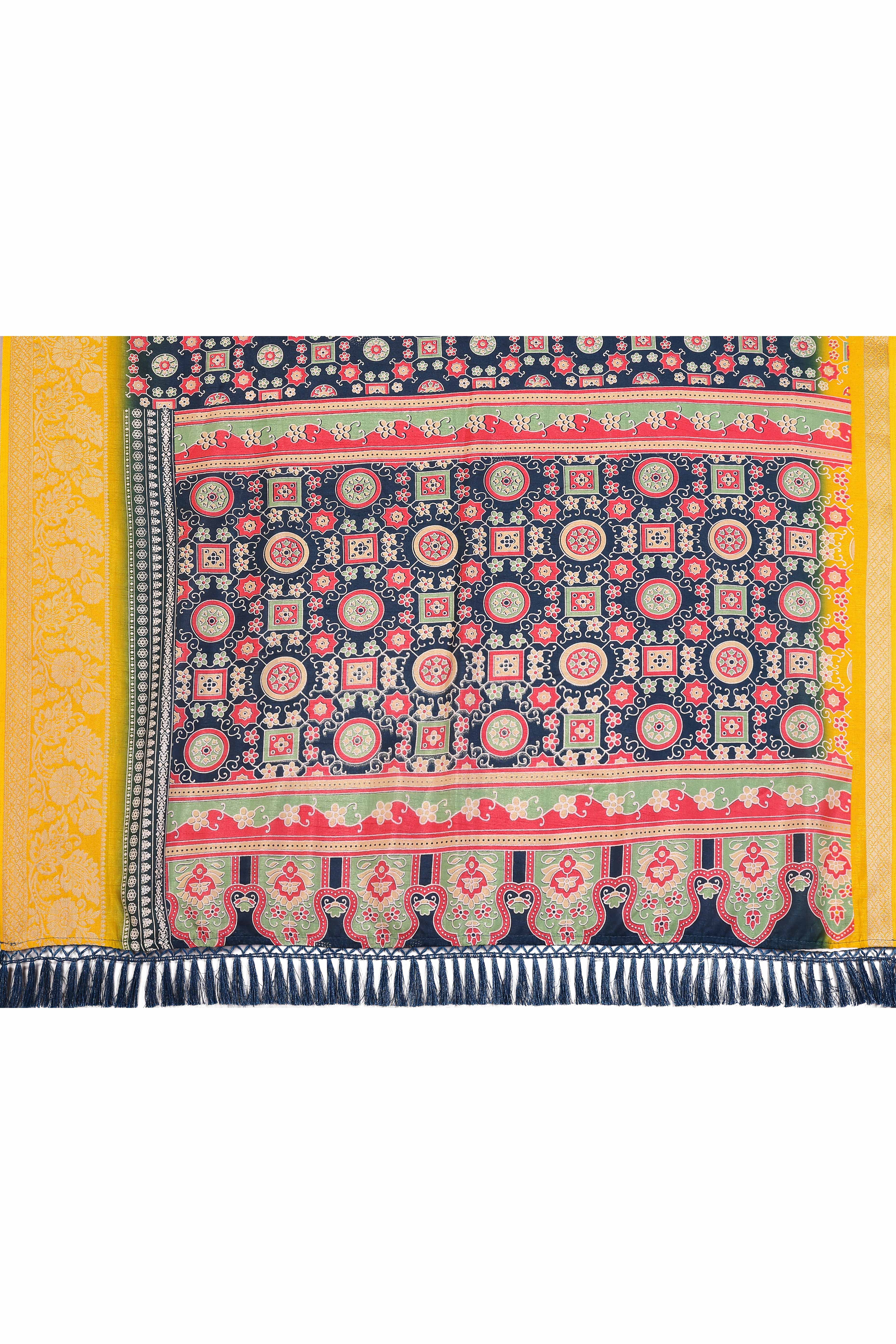 Blue Moss Crepe Saree with Floral Prints and Jacquard Edging