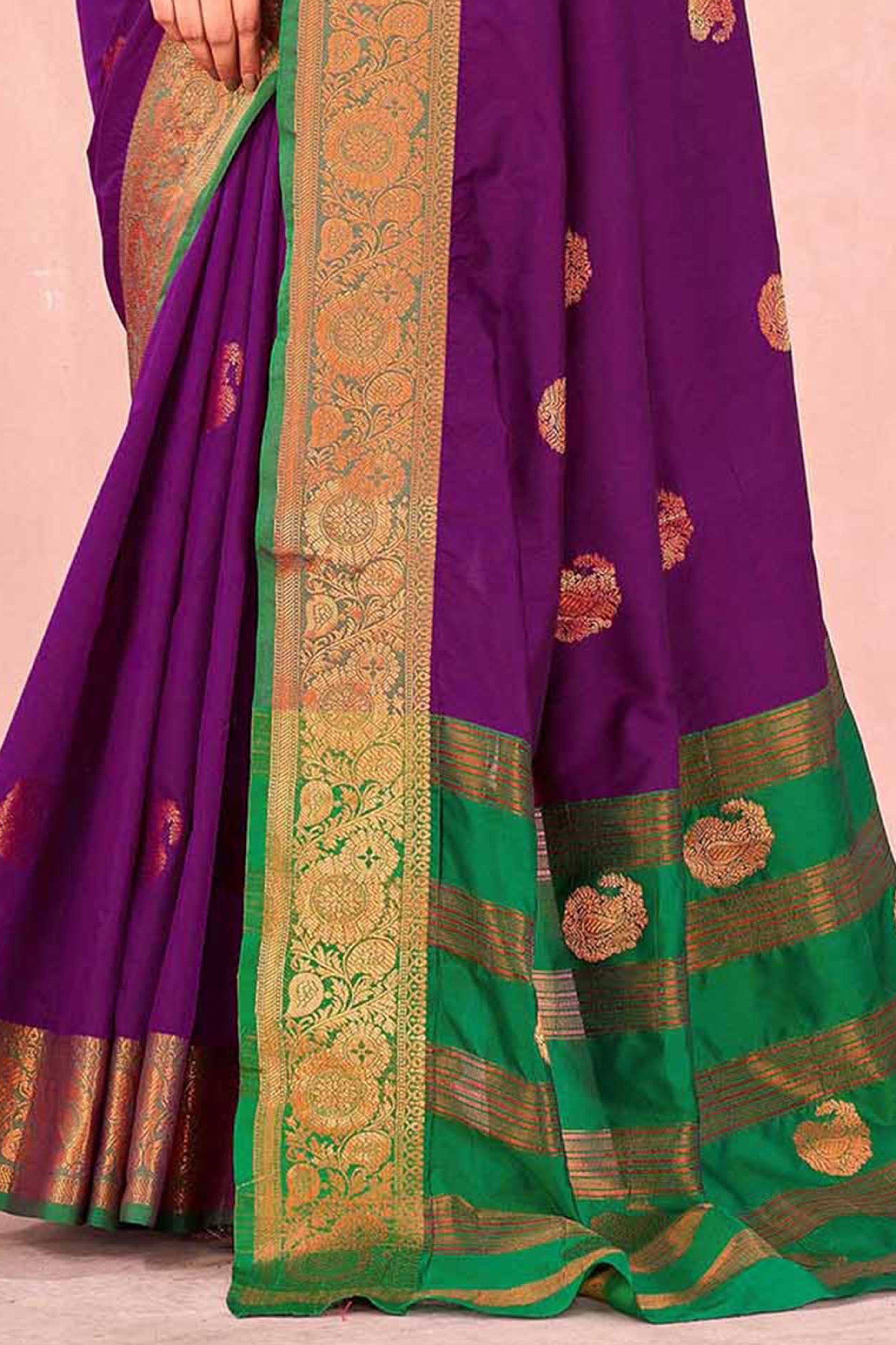 Purple Silk Blend Saree Adorned With Zari Woven Floral & Paisley Design