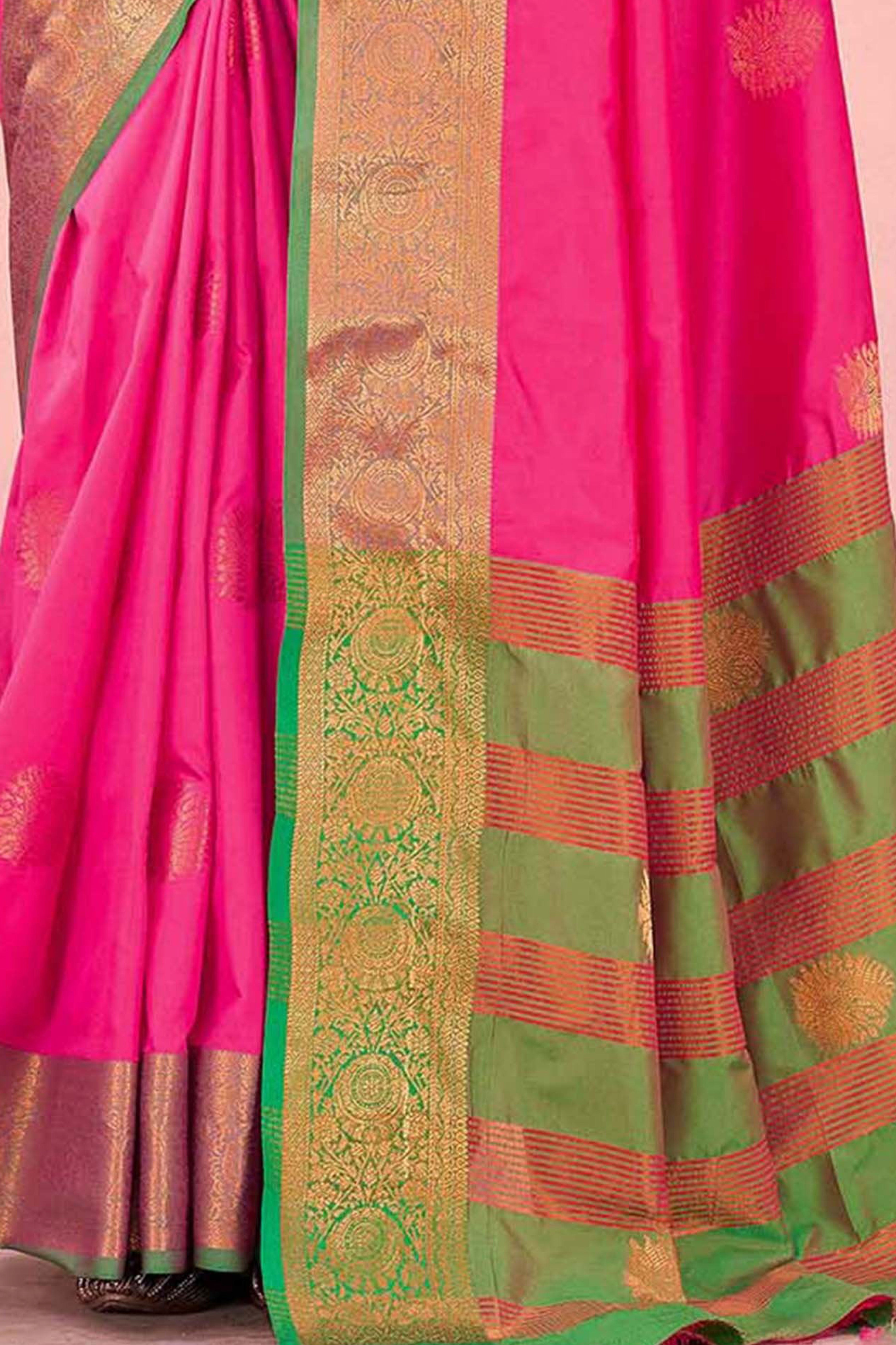 Rani Pink Silk Blend Saree Adorned With Zari Woven Floral & Paisley Design
