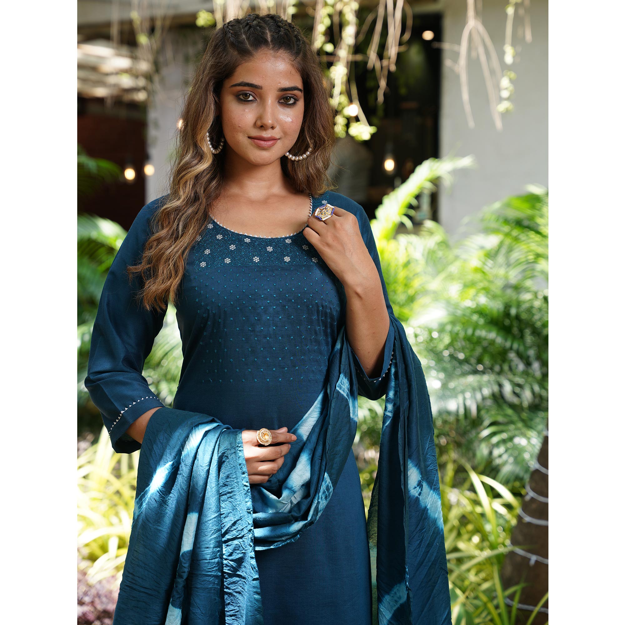 Blue Floral Embroidered Cotton Silk Salwar Suit