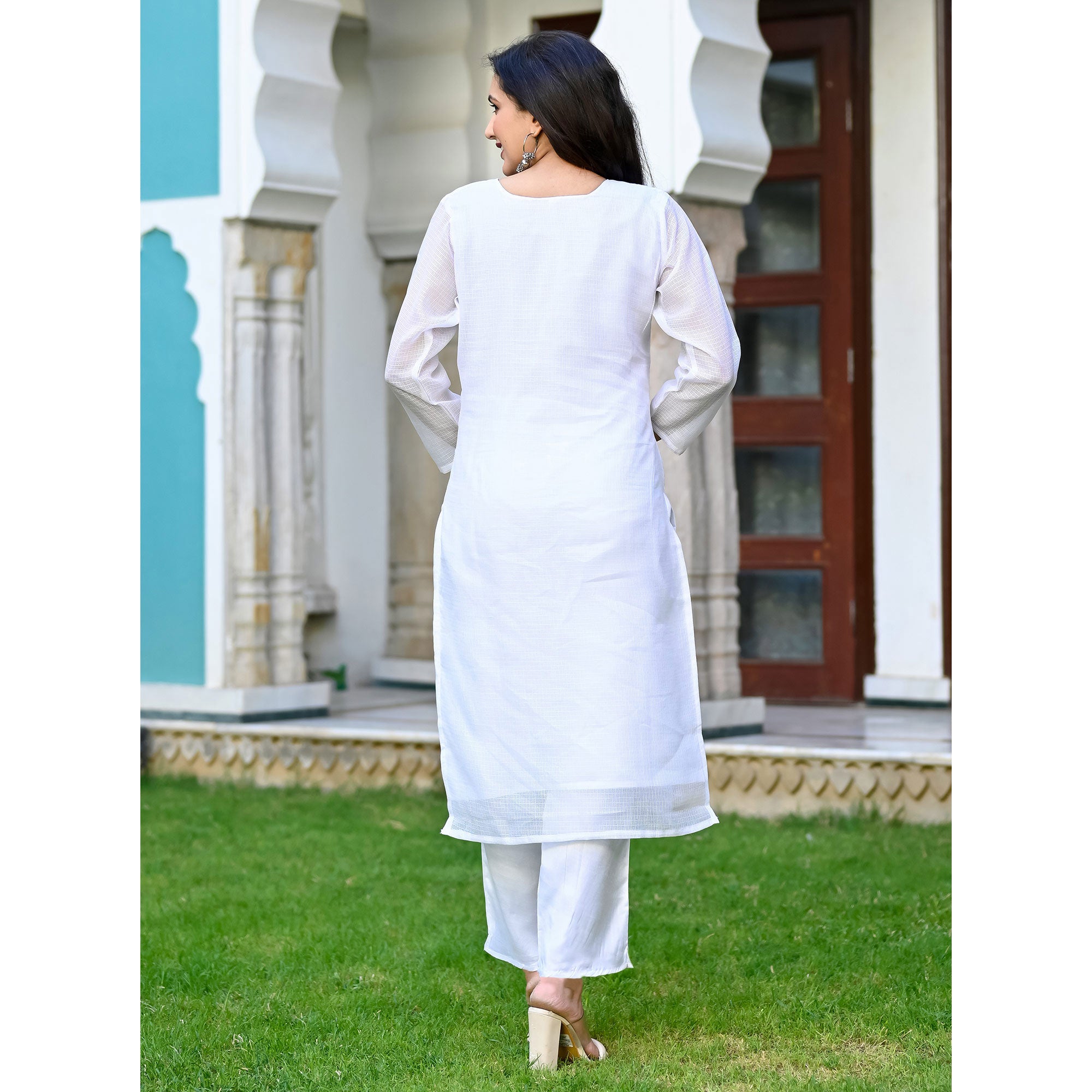 White Floral Sequins Embroidered Kota Doria Salwar Suit