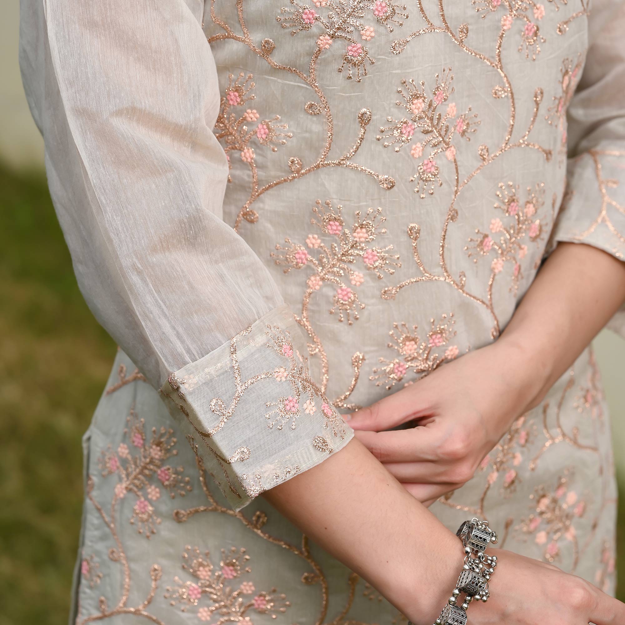 Grey Floral Embroidered Chanderi Salwar Suit