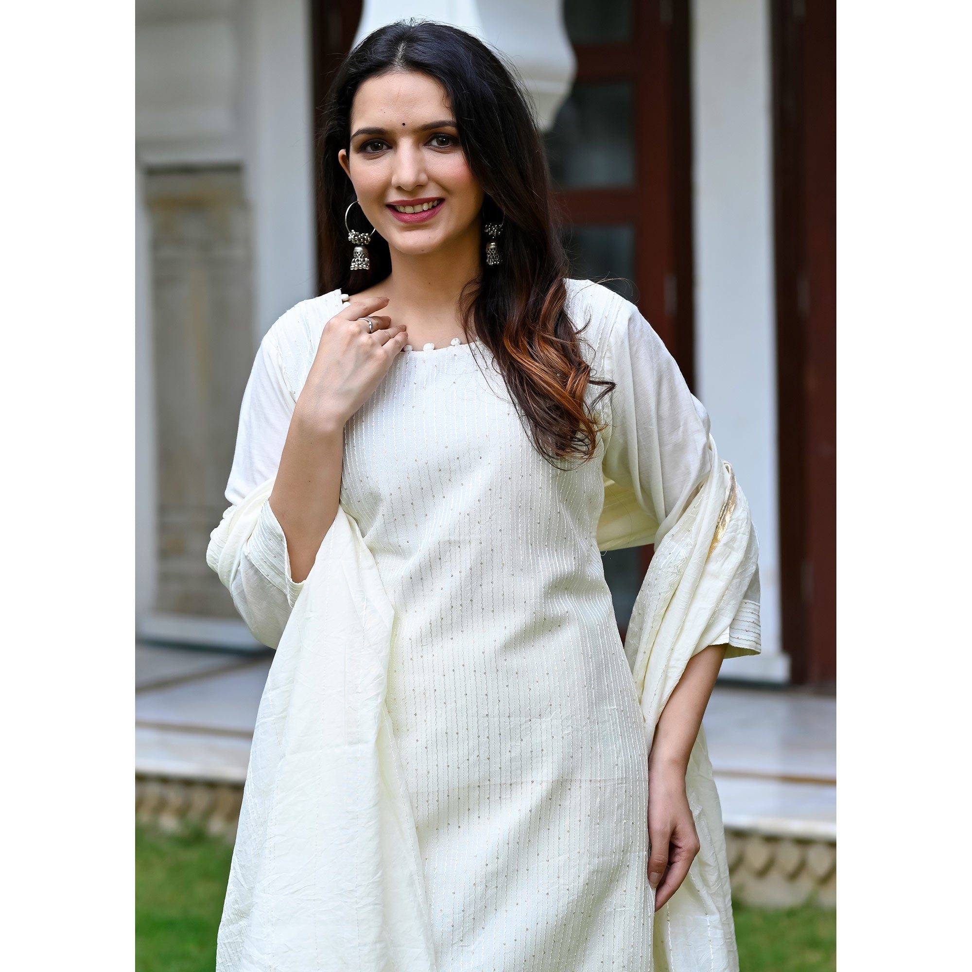 Off white Sequins Embroidered Cotton Salwar Suit