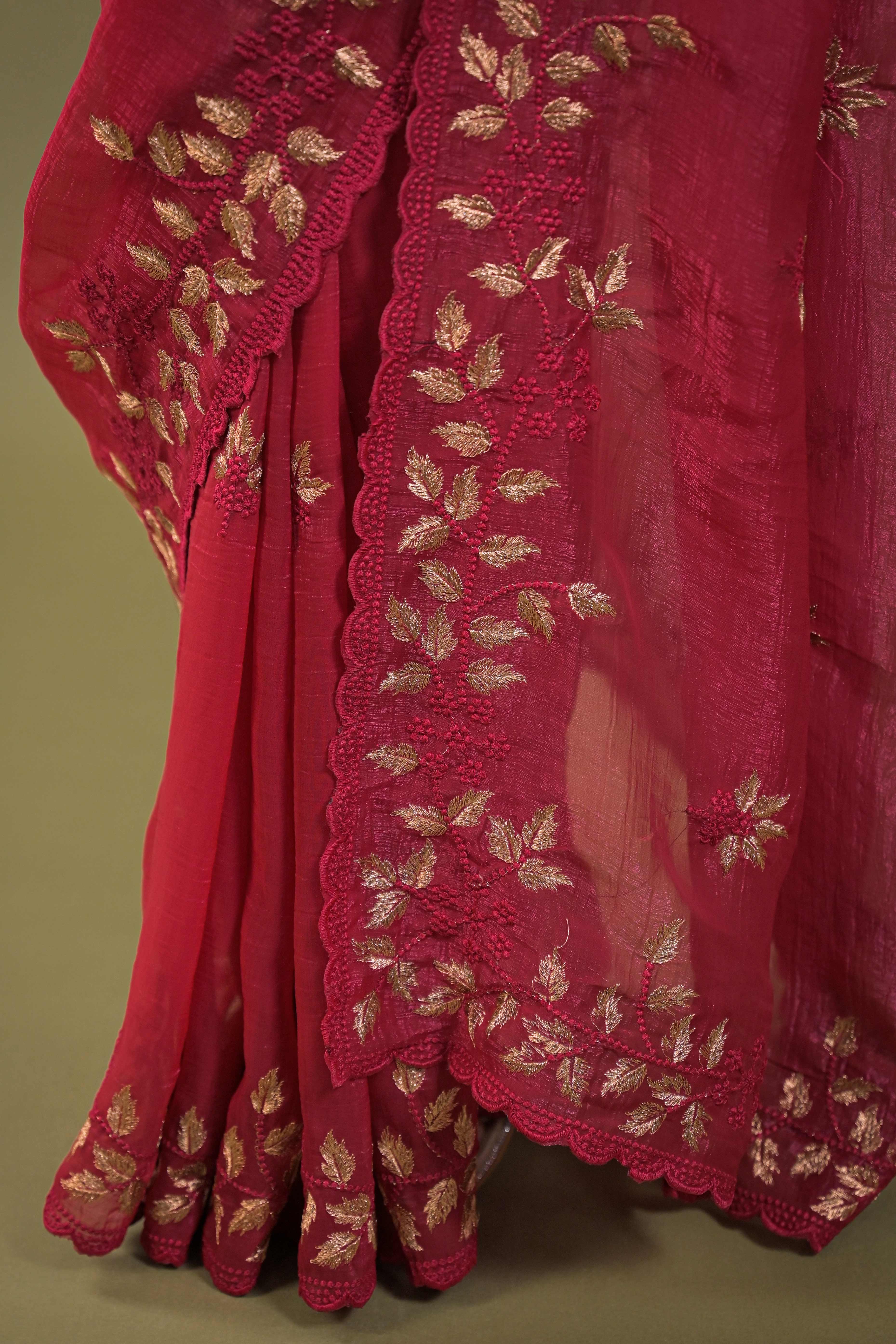 Dark Pink Sheer Organza Saree Adorned with Floral Embroidery