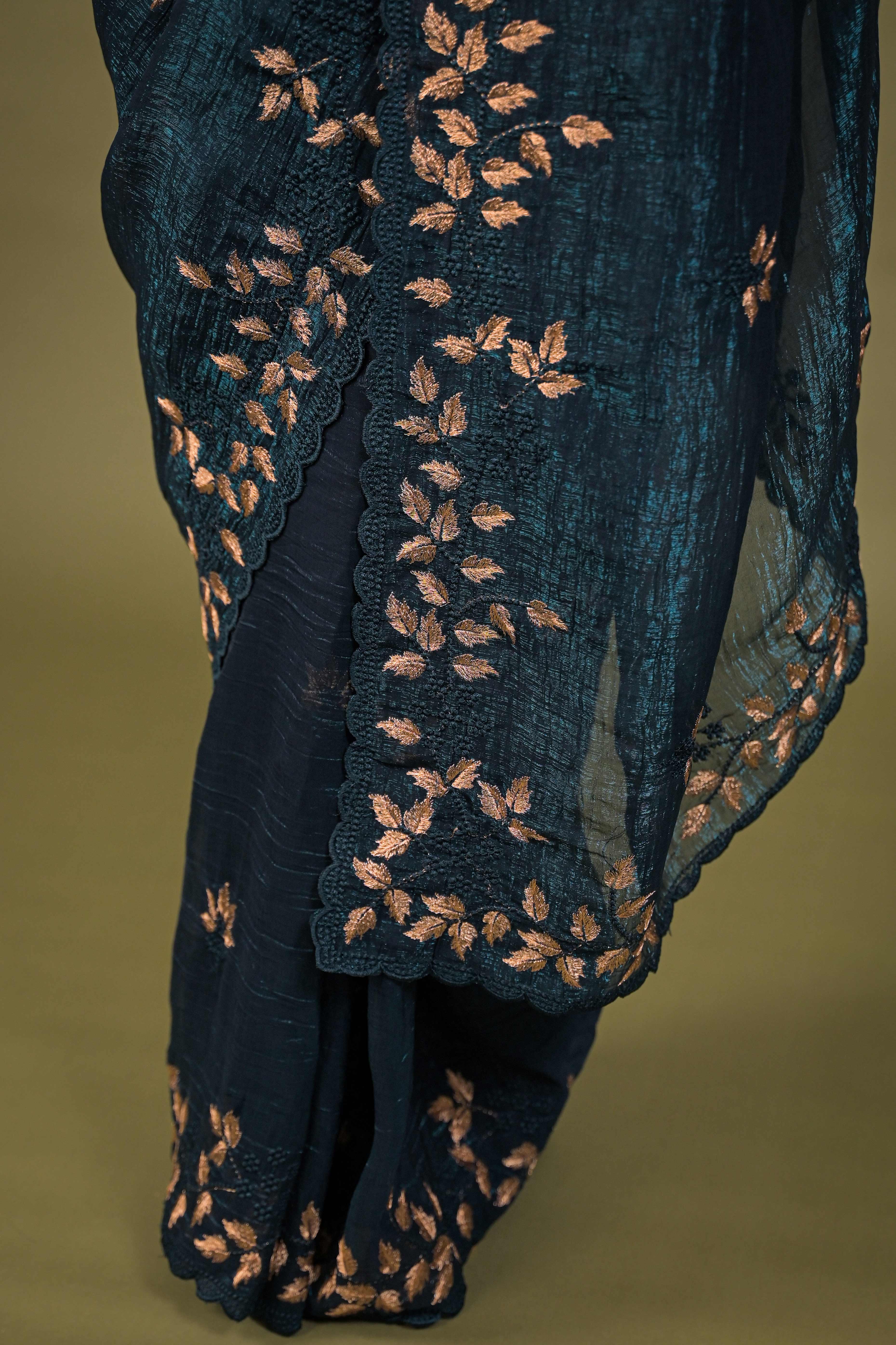 Dark Teal Sheer Organza Saree Adorned with Floral Embroidery