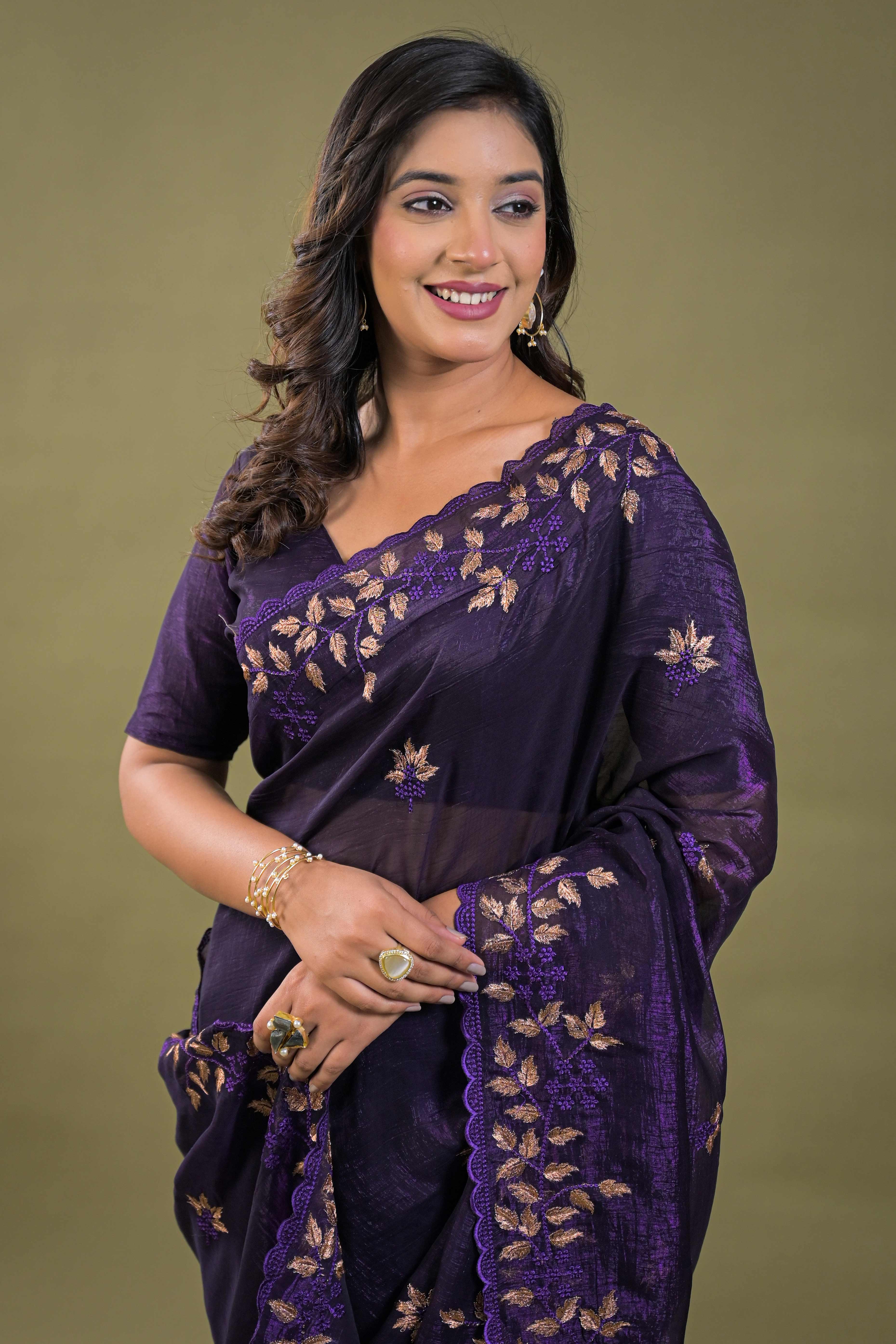 Dark Purple Sheer Organza Saree Adorned with Floral Embroidery
