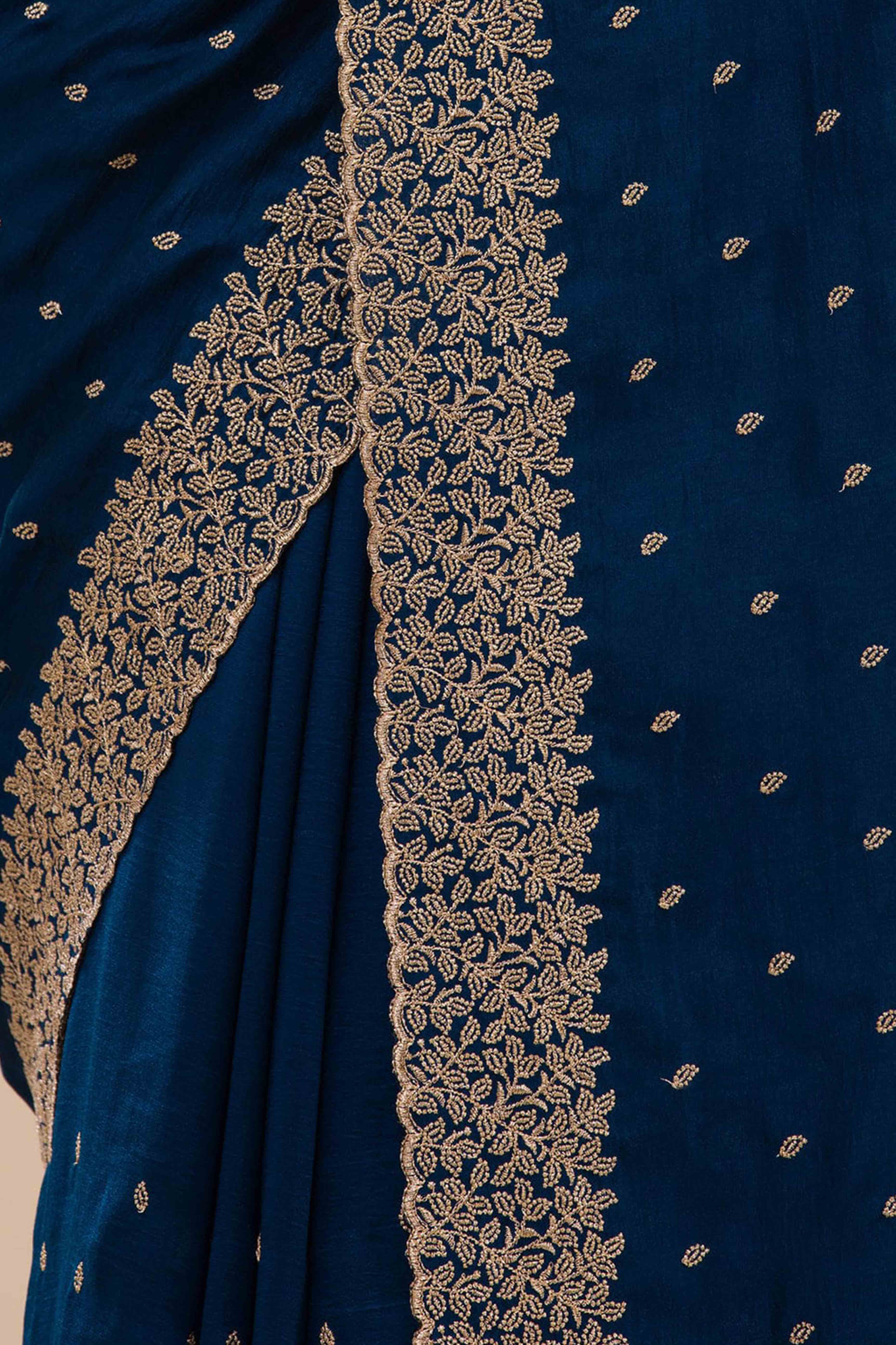 Sophisticated Blue Saree in Vichitra Silk with All-Over Floral Embroidered