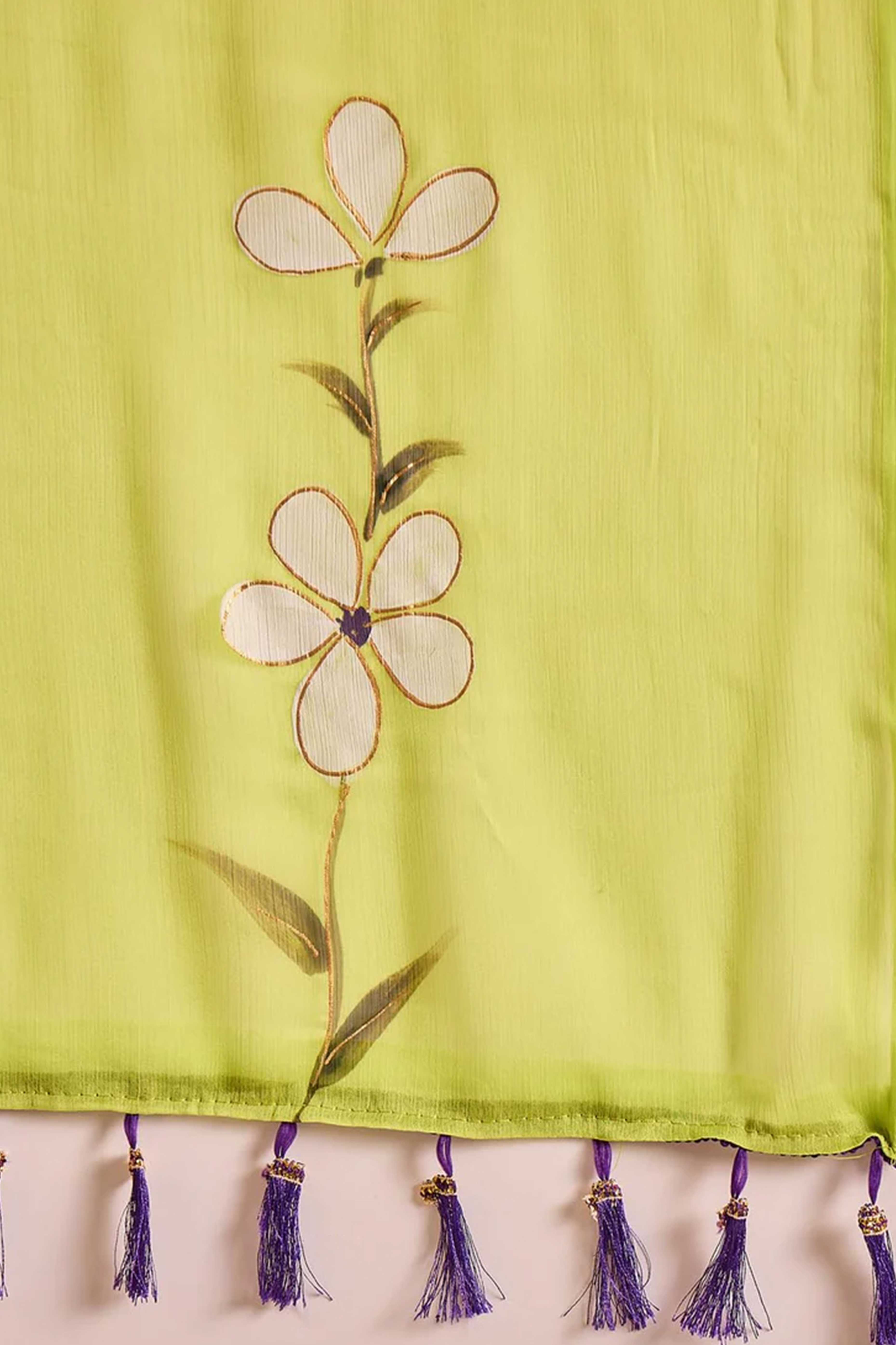 Trendy Lime Green Floral Print Fancy Saree in Airy Chiffon with Elegant Tassel Highlights