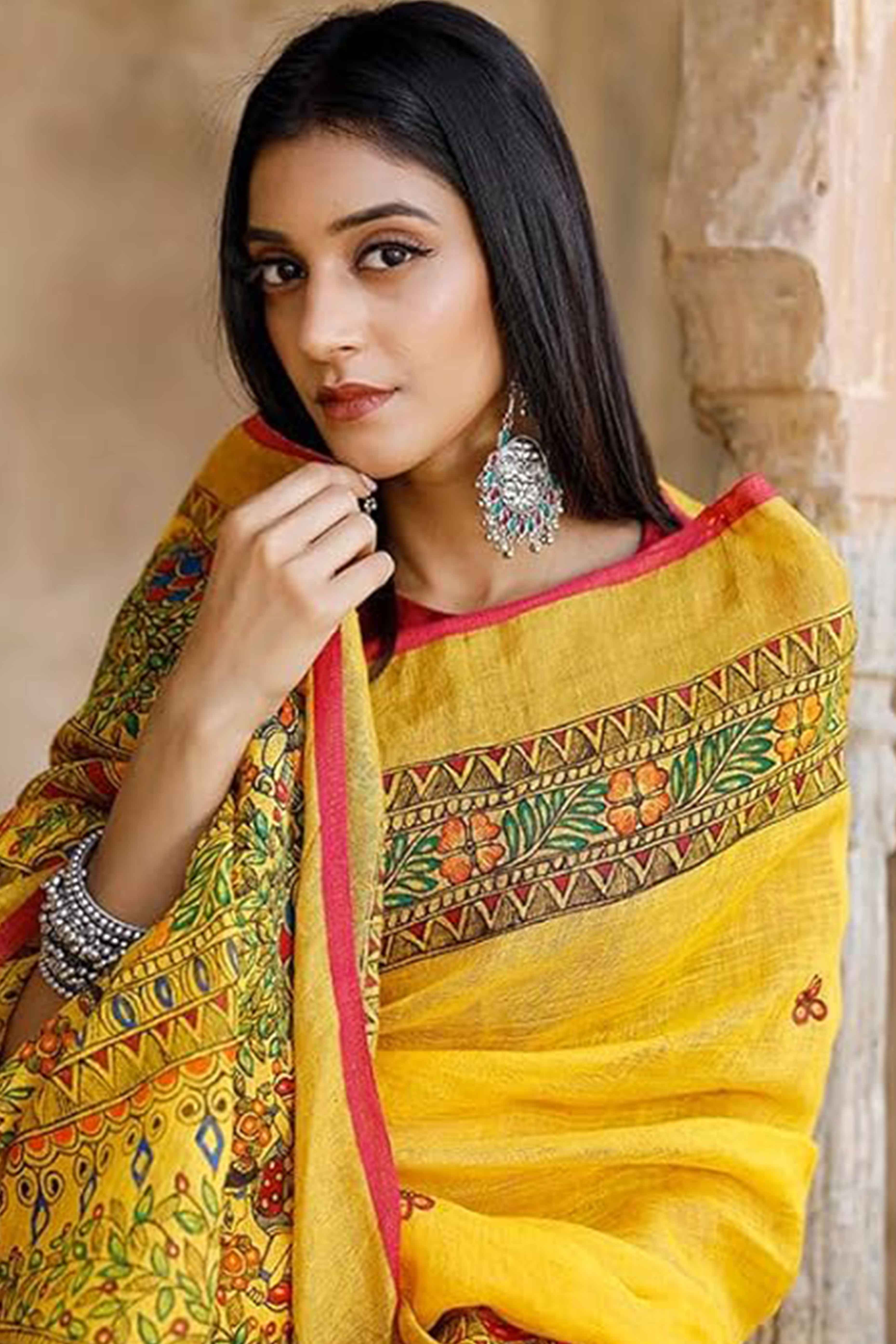 Yellow Madhubani Motif Printed Linen Saree for Festive Wear