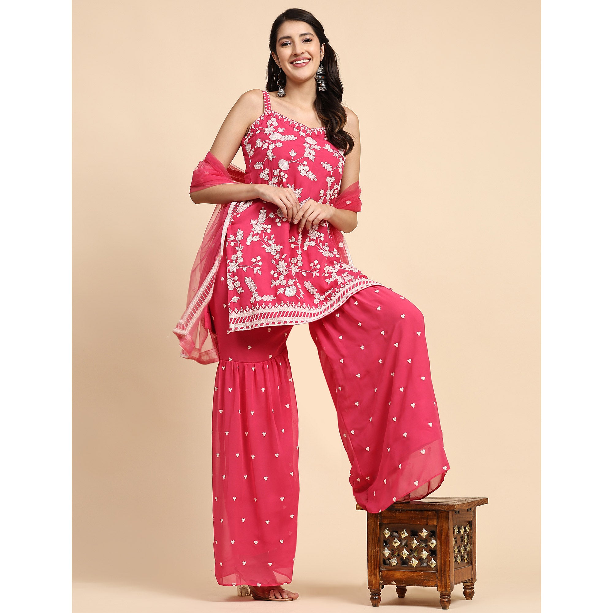 Pink Floral Sequins Embroidered Georgette Semi Stitched Suit