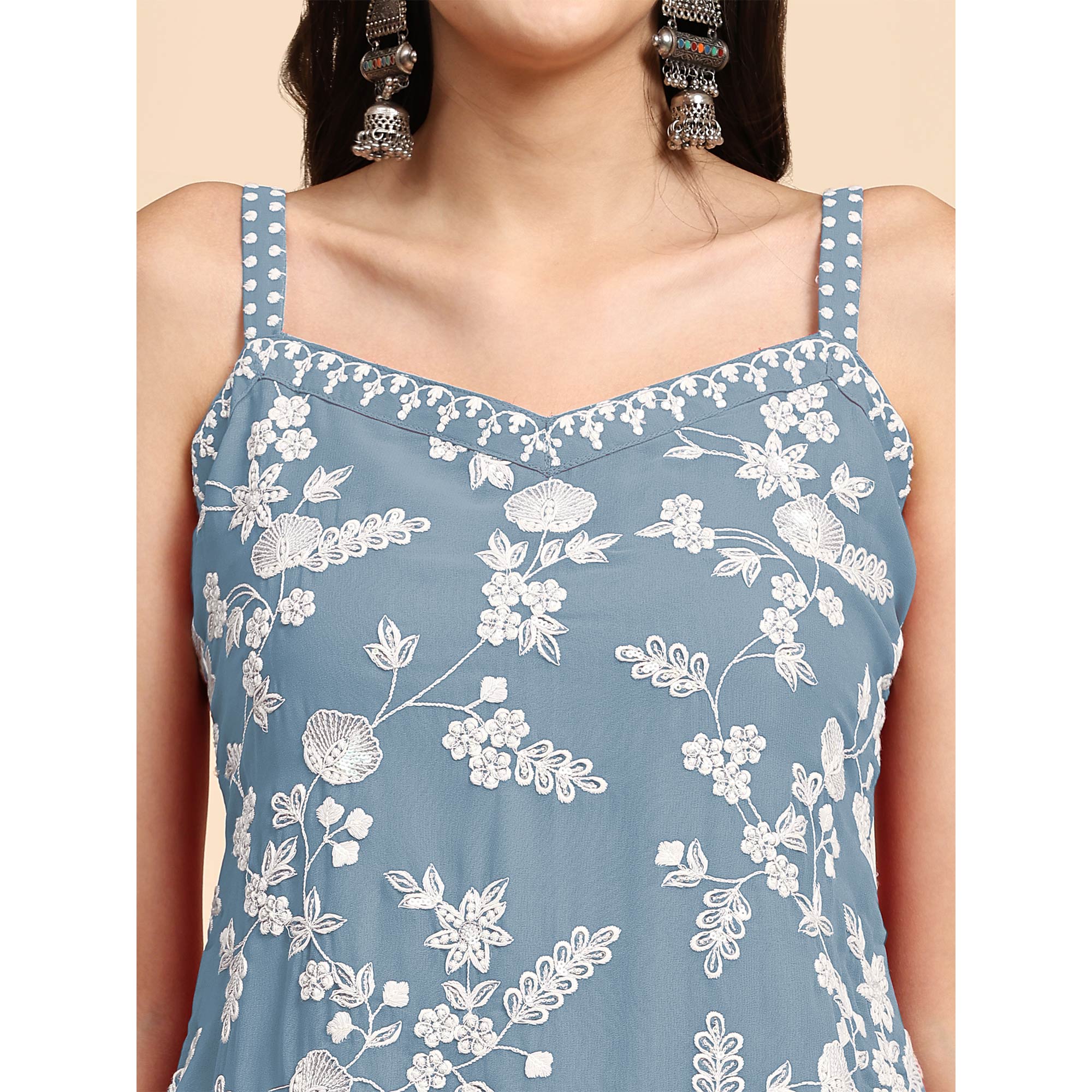 Sky Blue Floral Sequins Embroidered Georgette Semi Stitched Suit