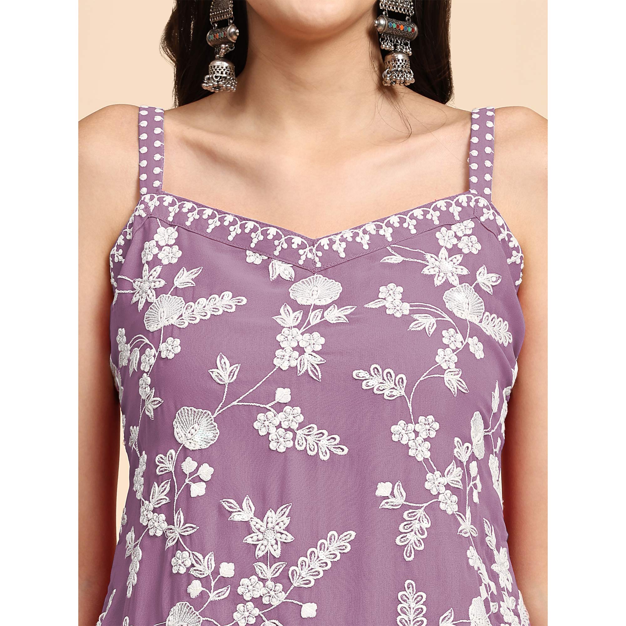 Purple Floral Sequins Embroidered Georgette Semi Stitched Suit