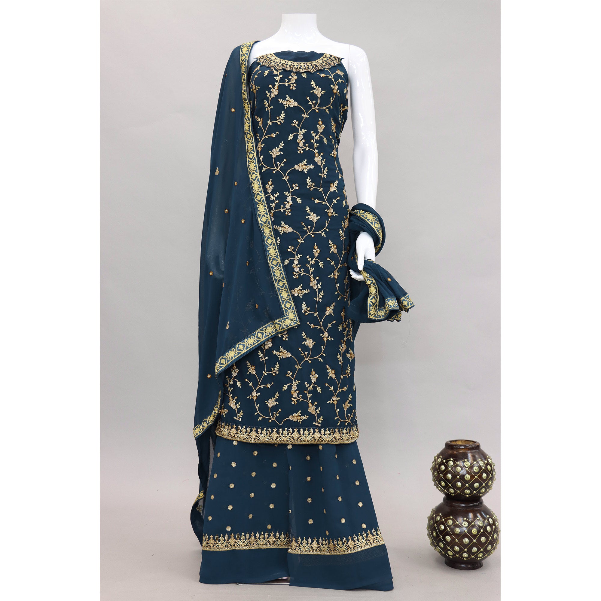 Blue Floral Embroidered Georgette Semi Stiched Suit