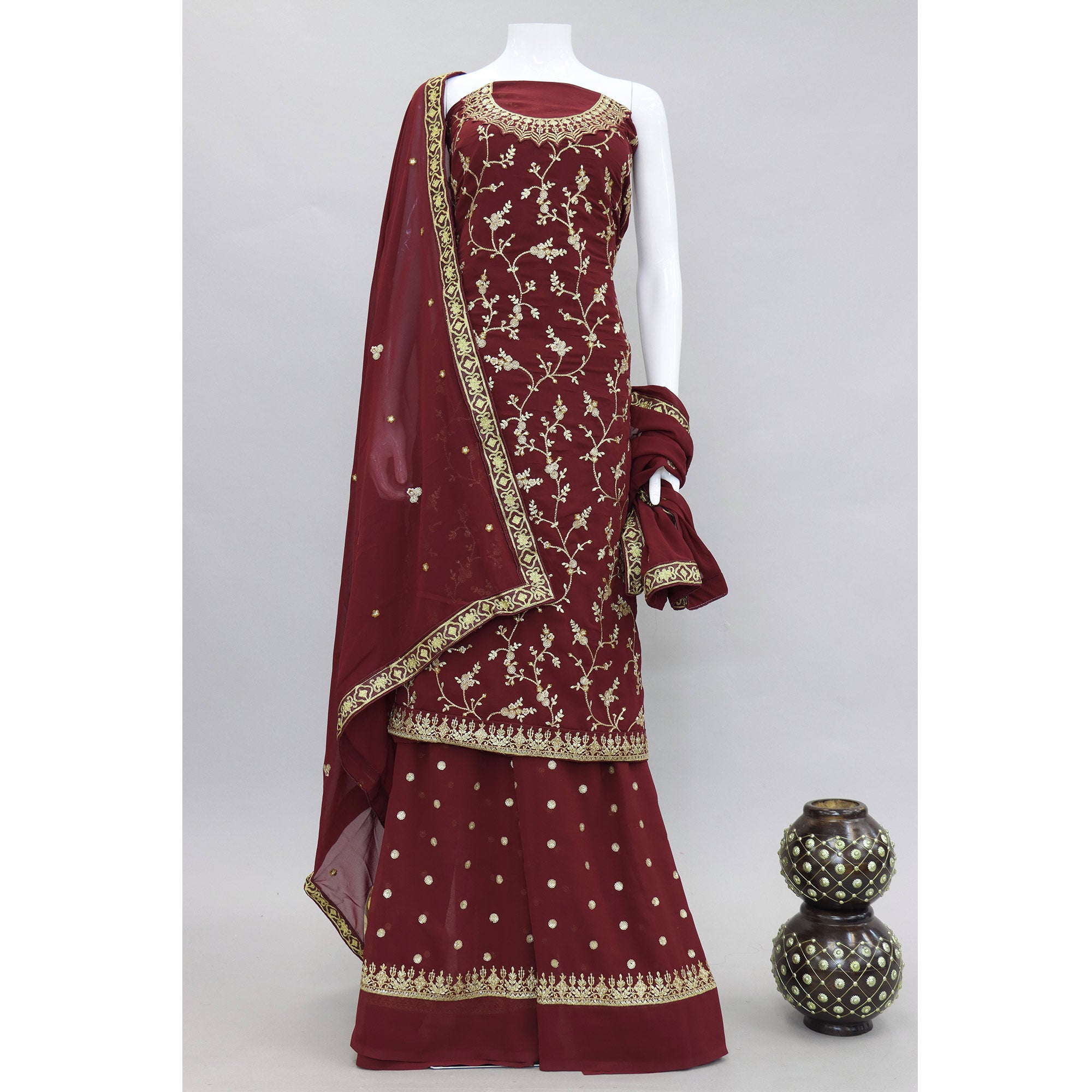 Maroon Floral Embroidered Georgette Semi Stitched Suit