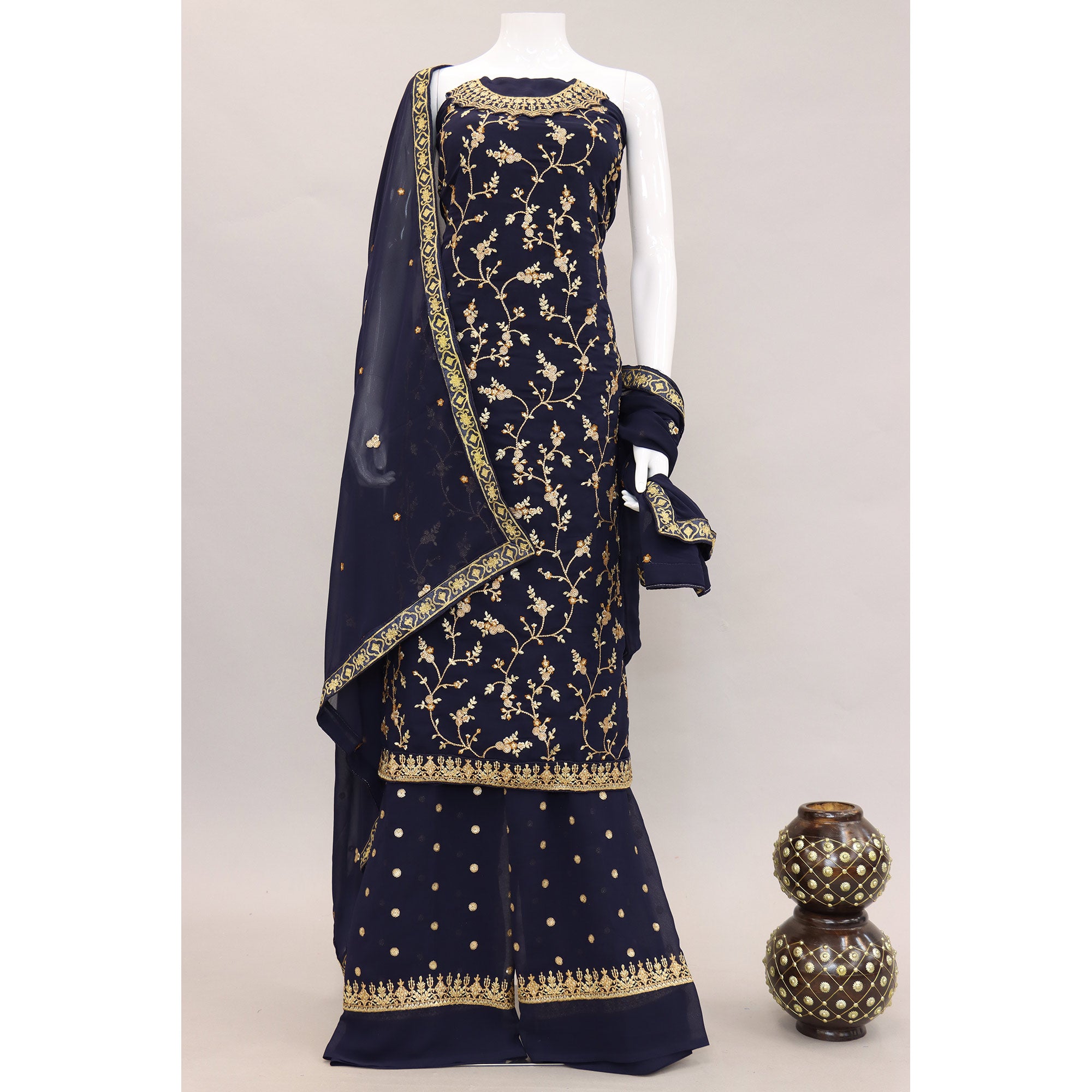 Navy Blue Floral Embroidered Georgette Semi Stitched Suit