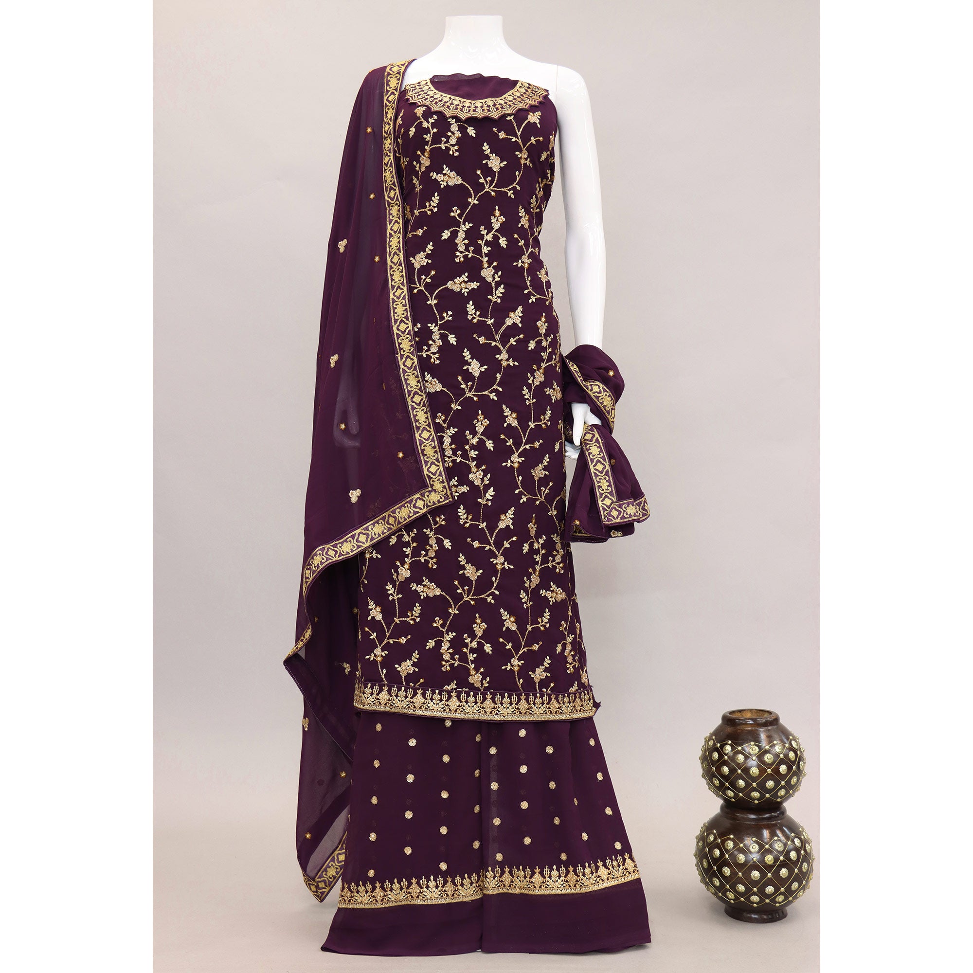 Purple Floral Embroidered Georgette Semi Stitched Suit