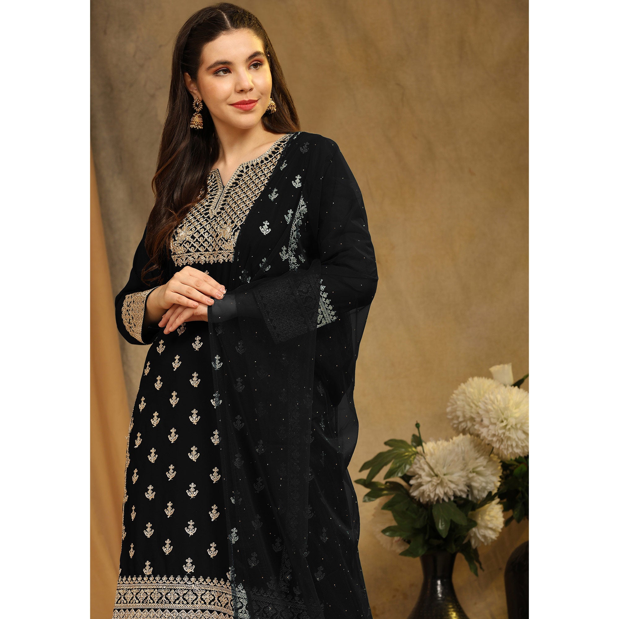 Black Floral Embroidered Georgette Semi Stitched Suit