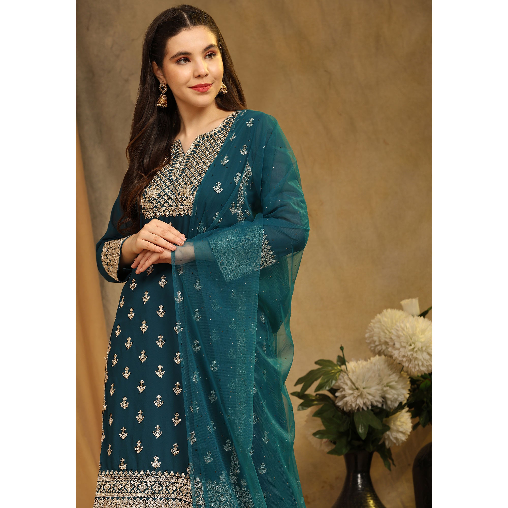 Morpich Floral Embroidered Georgette Semi Stitched Suit