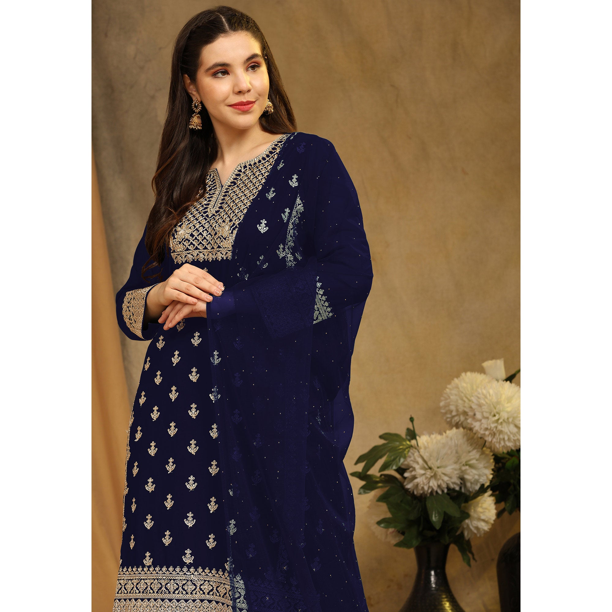 Blue Floral Embroidered Georgette Semi Stitched Suit